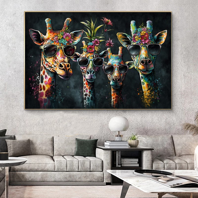 Vivid Colorful Family of Giraffes in Sunglasses - Fun Pop Art Canvas Print