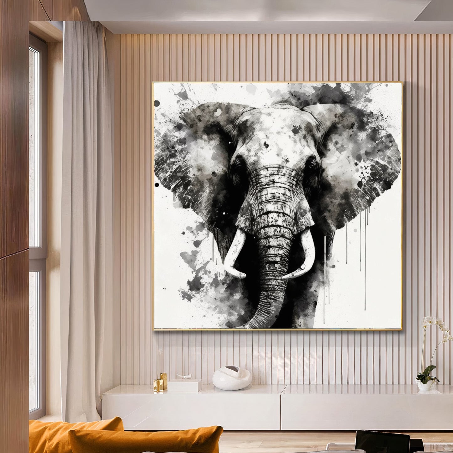 Large Print on Canvas, Black White Elephant, Watercolor Art Work