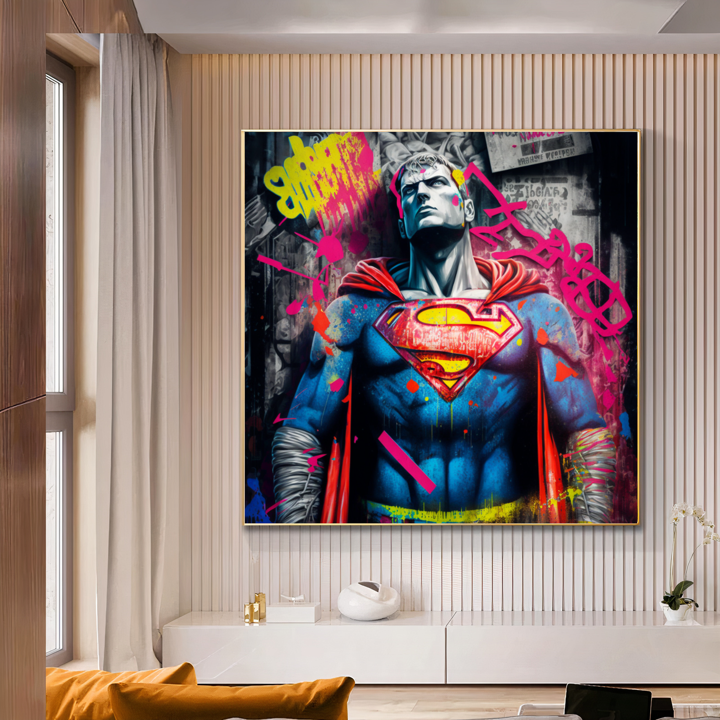 Superman Street Art - Vibrant Graffiti Style {{ shop_name }}Prints canvas print canvas wall art colorful comic book giclée prints graffiti iconic large canvas print large wall art Large Wall Art Decor Living Room Art modern modern art print pop art print on canvas ready to hang canvas spray paint street art strength stretched canvas art superhero Superman urban art wall art prints