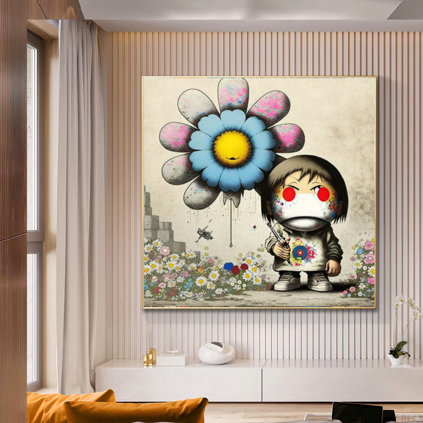 Girl with Flower Balloon - Banksy Inspired Street Art Print {{ shop_name }}Prints Banksy style canvas print canvas wall art collectible print colorful flower balloon giclée prints girl with flower graffiti large canvas print large wall art Large Wall Art Decor Living Room Art modern art print playful pop art print on canvas ready to hang canvas street art stretched canvas art surreal urban art wall art prints whimsical