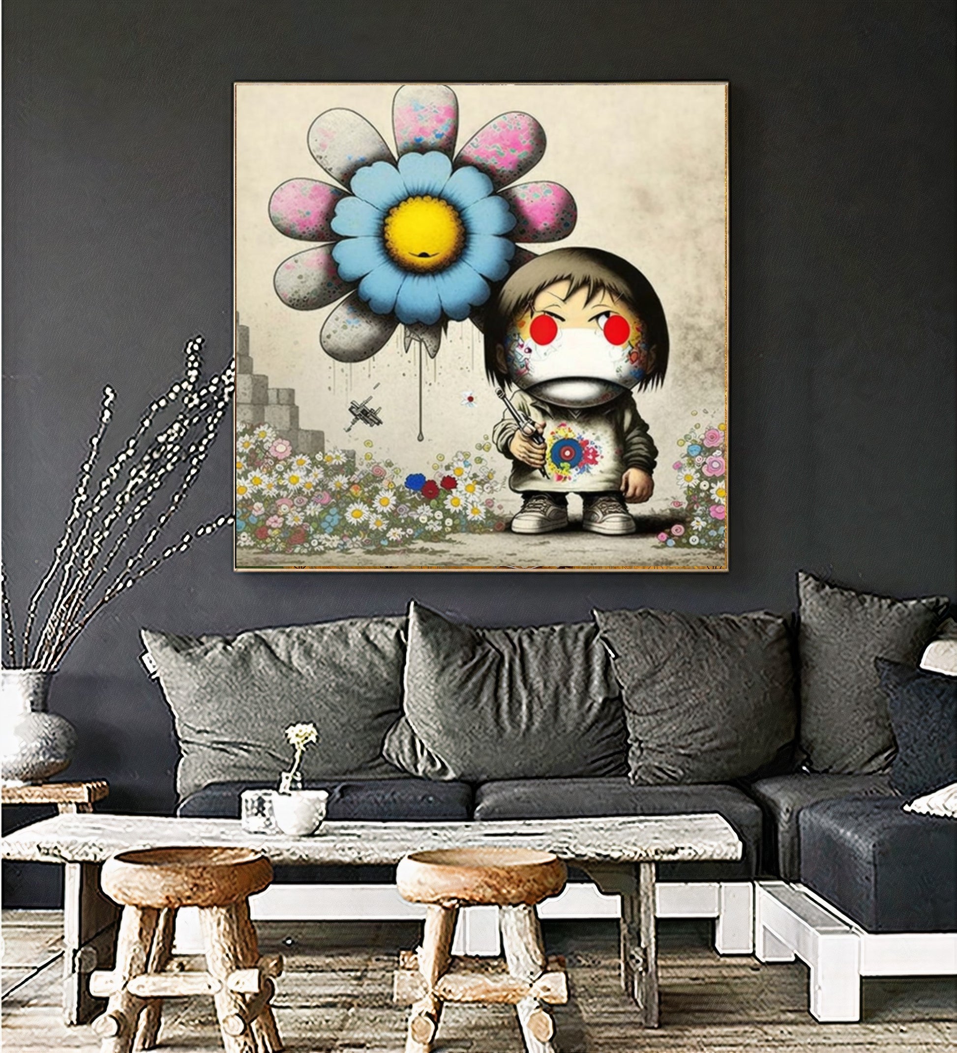 Girl with Flower Balloon - Banksy Inspired Street Art Print {{ shop_name }}Prints Banksy style canvas print canvas wall art collectible print colorful flower balloon giclée prints girl with flower graffiti large canvas print large wall art Large Wall Art Decor Living Room Art modern art print playful pop art print on canvas ready to hang canvas street art stretched canvas art surreal urban art wall art prints whimsical