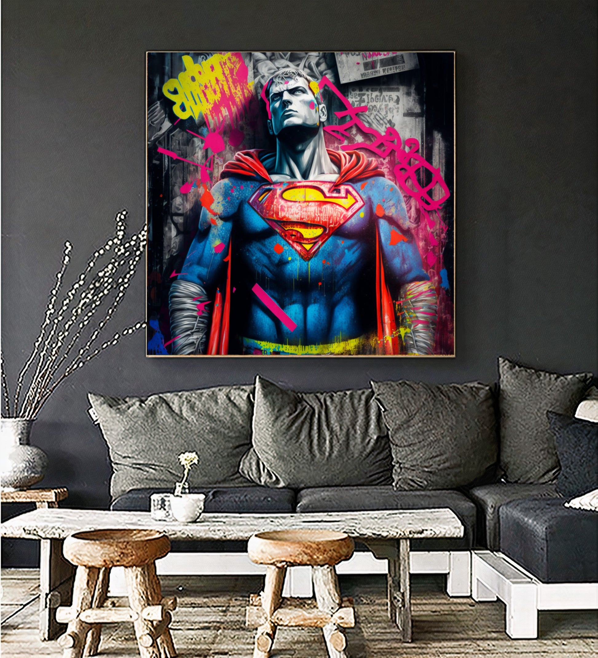 Superman Street Art - Vibrant Graffiti Style {{ shop_name }}Prints canvas print canvas wall art colorful comic book giclée prints graffiti iconic large canvas print large wall art Large Wall Art Decor Living Room Art modern modern art print pop art print on canvas ready to hang canvas spray paint street art strength stretched canvas art superhero Superman urban art wall art prints