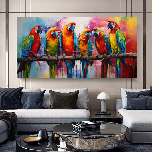 Vibrant Parrot Family Canvas Art - Colorful Macaws on a Branch, Modern Prin on Canvas B