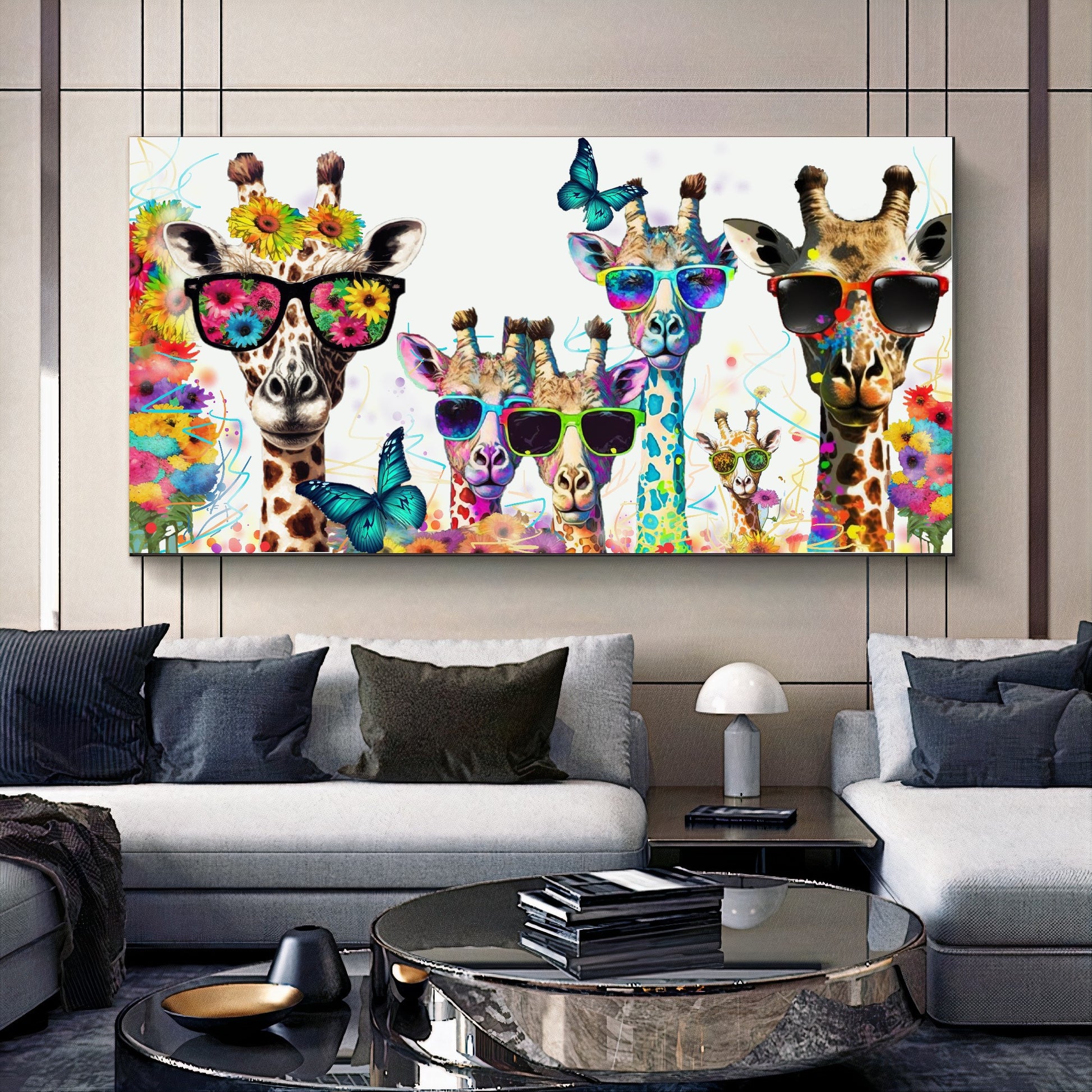 Bold Color Sunny Family of Giraffes in Sunglasses - Fun Pop Art Canvas Print C