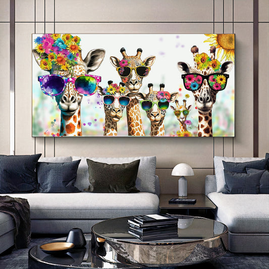 Bold Color Sunny Family of Giraffes in Sunglasses - Fun Pop Art Canvas Print D