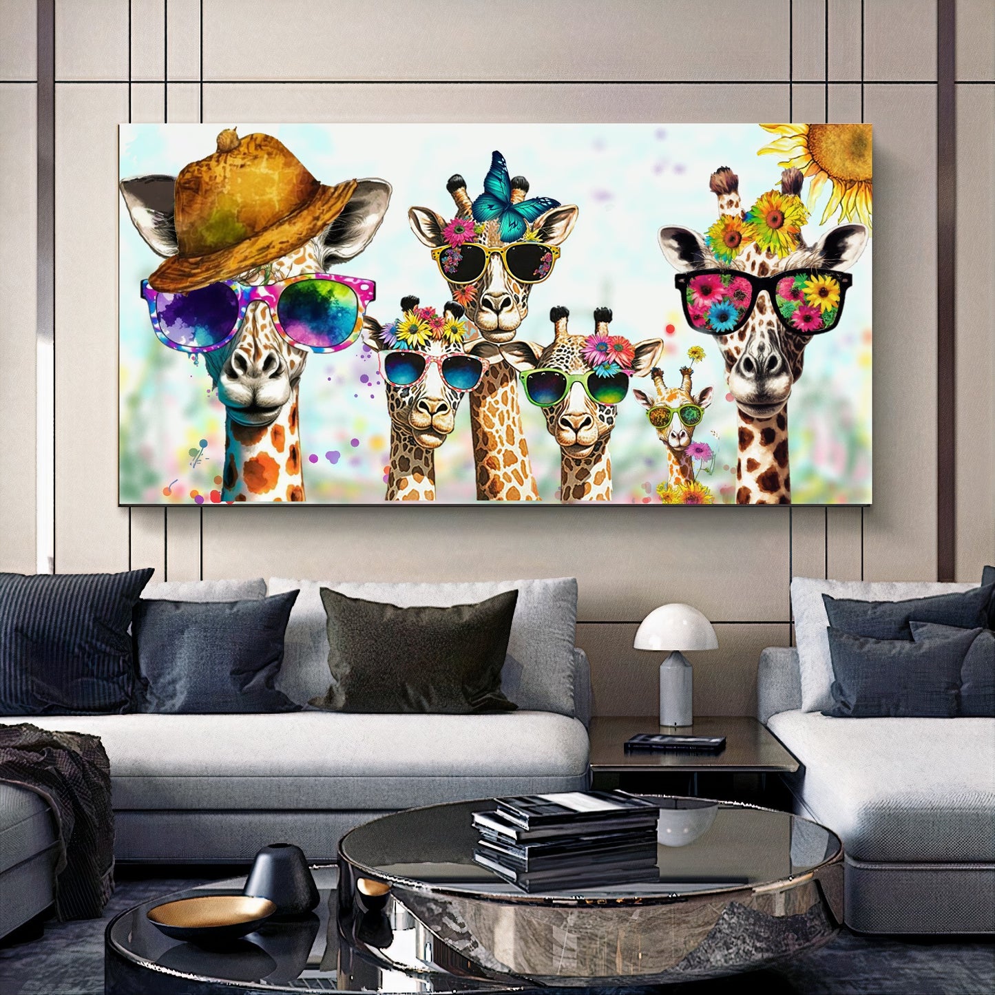 Bold Color Sunny Family of Giraffes in Sunglasses - Fun Pop Art Canvas Print E