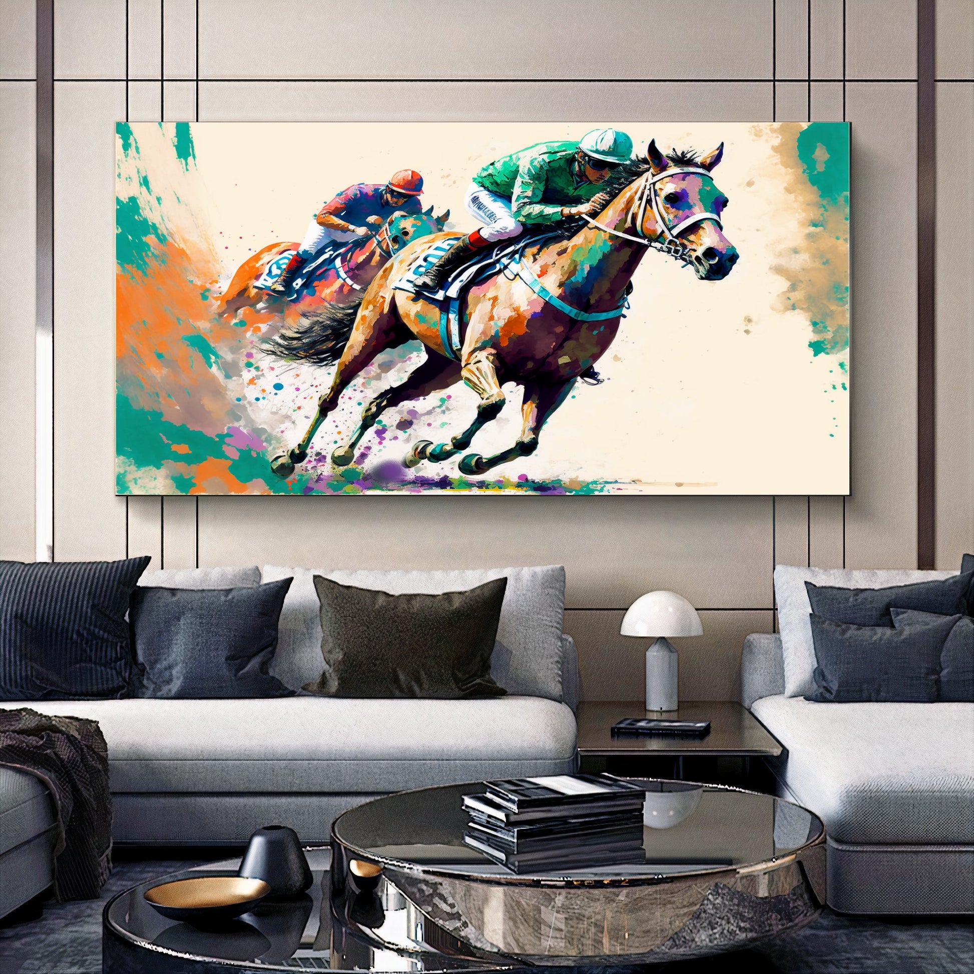 Vibrant Horse Racing Action - Dynamic Colorful Jockeys and Horses Canvas Art A