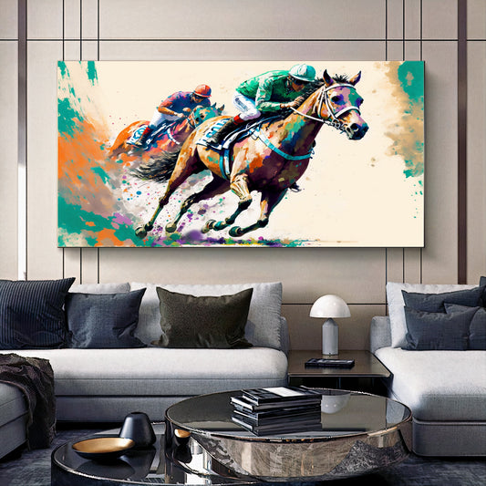 Vibrant Horse Racing Action - Dynamic Colorful Jockeys and Horses Canvas Art A