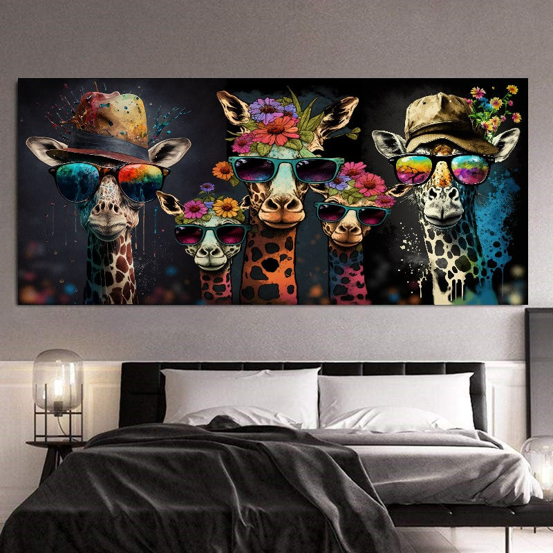 Bold Color Sunny Family of Giraffes in Sunglasses - Fun Pop Art Canvas Print