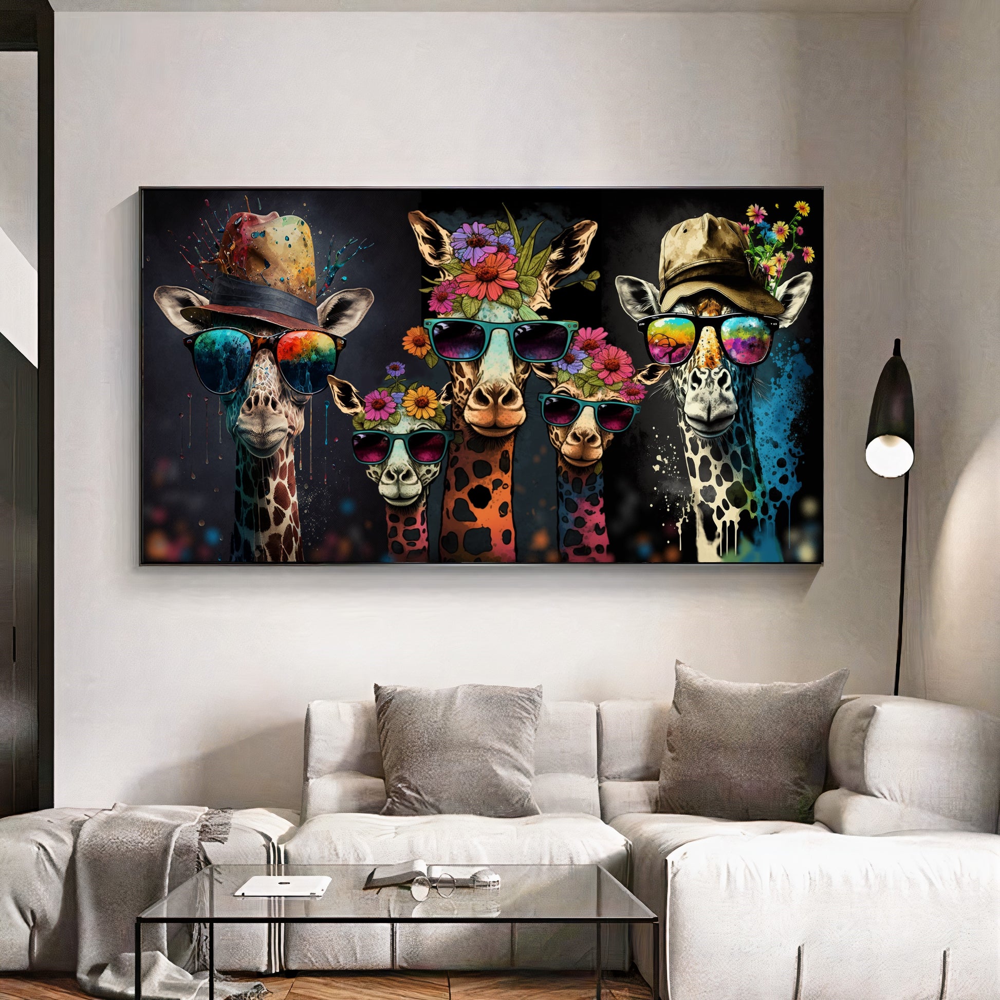 Bold Color Sunny Family of Giraffes in Sunglasses - Fun Pop Art Canvas Print