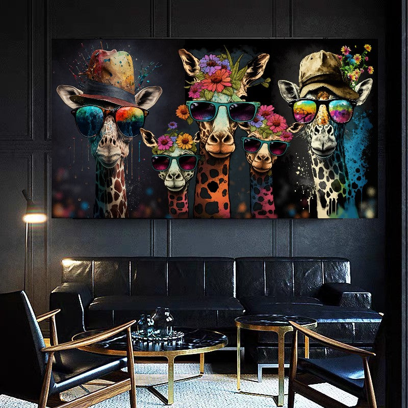 Bold Color Sunny Family of Giraffes in Sunglasses - Fun Pop Art Canvas Print