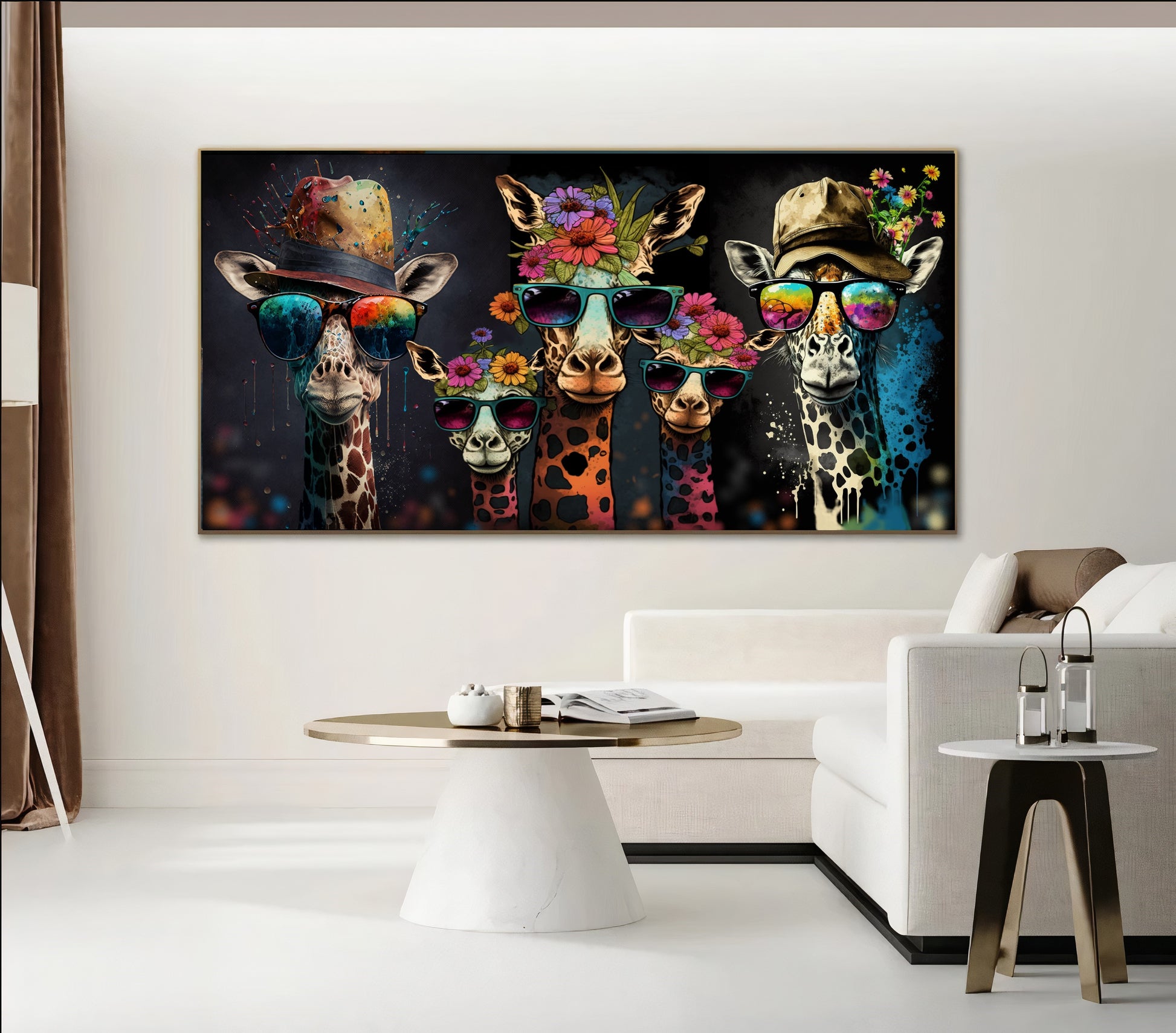 Bold Color Sunny Family of Giraffes in Sunglasses - Fun Pop Art Canvas Print