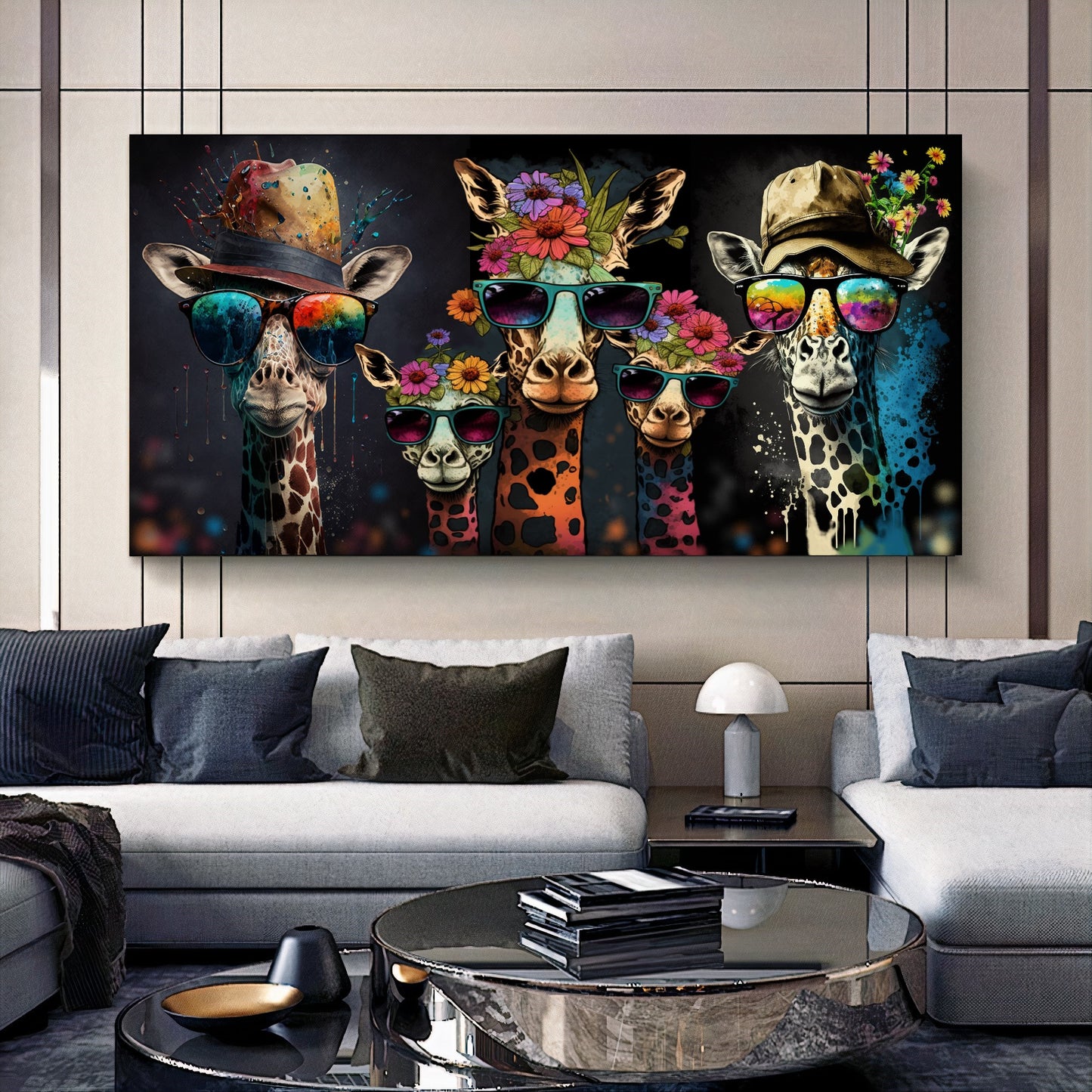 Bold Color Sunny Family of Giraffes in Sunglasses - Fun Pop Art Canvas Print A