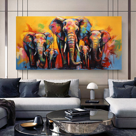 Vibrant Elephant Family - Colorful Canvas Art, Modern Prin on Canvas A