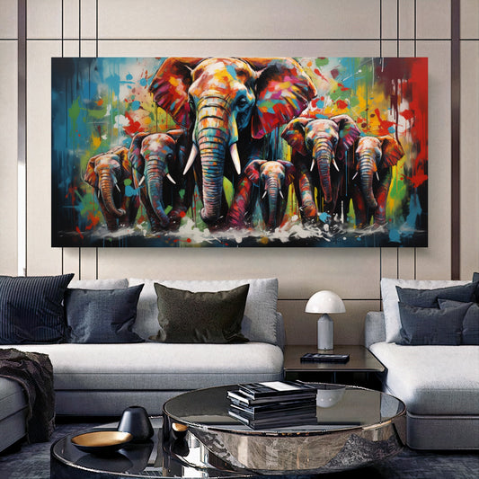 Vibrant Elephant Family - Colorful Canvas Art, Modern Prin on Canvas D