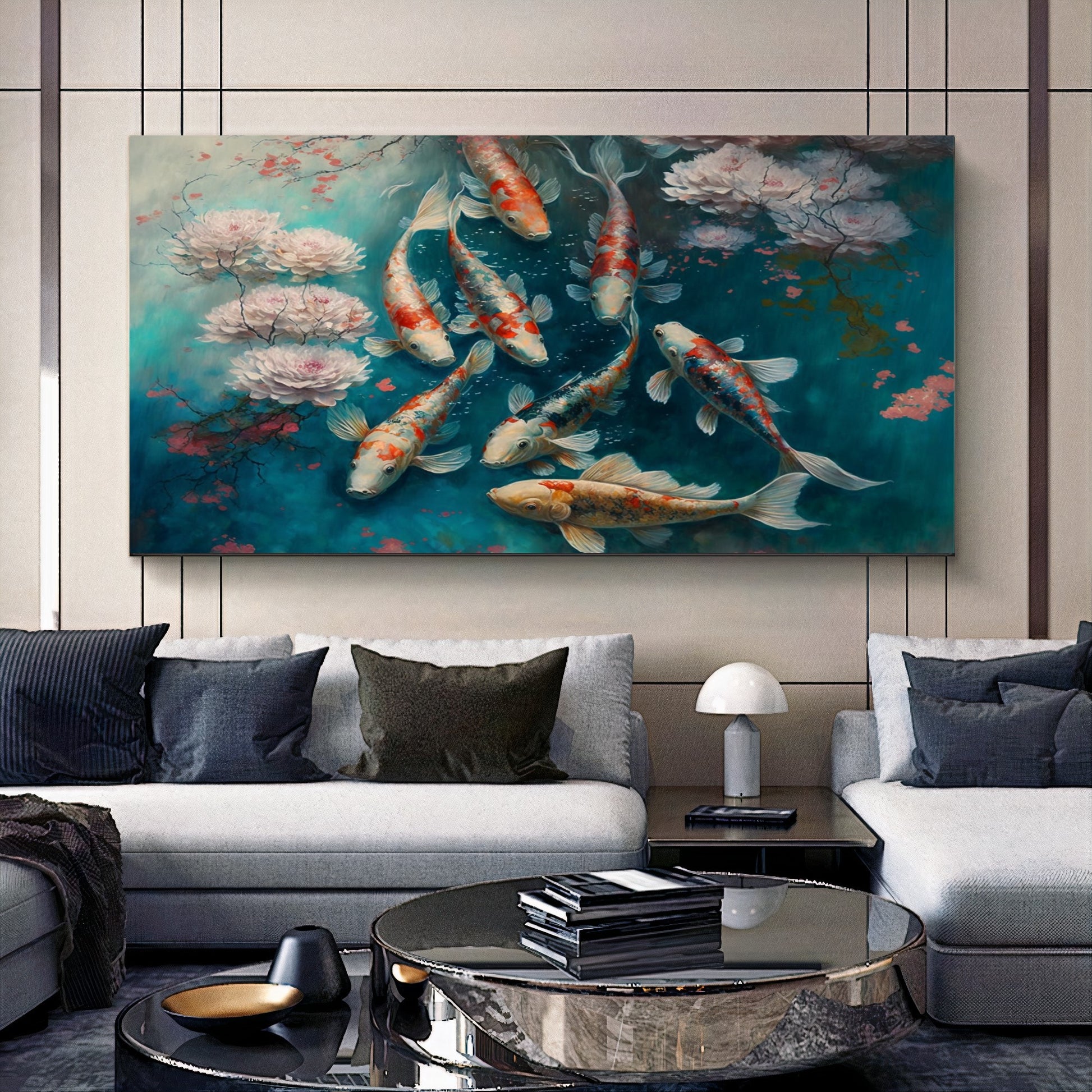Serene Koi Pond - Blue Pink Three Koi Fish Canvas Art with Cherry Blossoms, Watercolor Art, Print on Canvas {{ shop_name }}Prints canvas print canvas wall art colorful wall art giclée prints large canvas print modern canvas art print on canvas ready to hang canvas stretched canvas art vibrant canvas print wall art prints wall decor for home