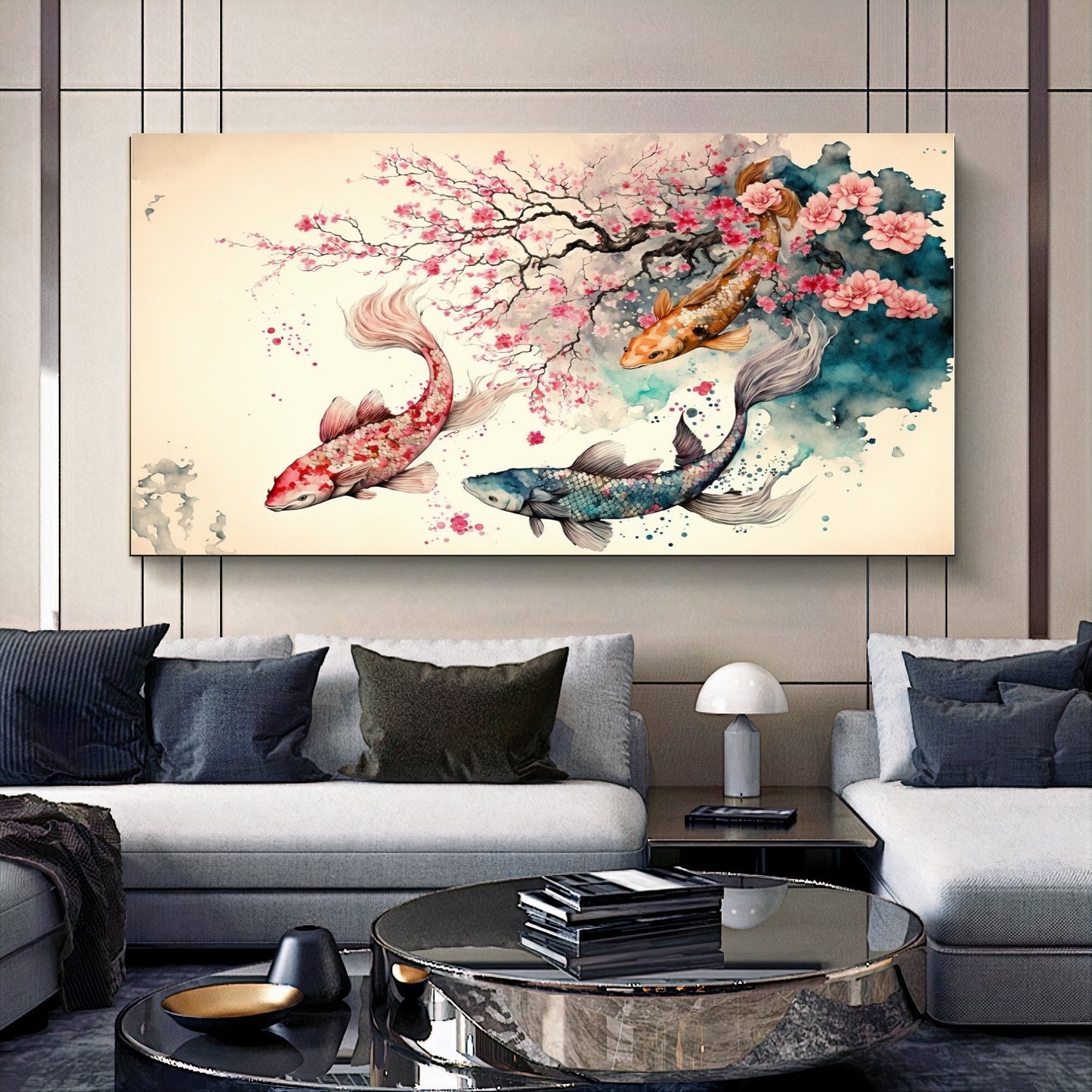 Serene Koi Pond - Blue Pink Three Koi Fish Canvas Art with Cherry Blossoms, Watercolor Art, Print on Canvas {{ shop_name }}Prints canvas print canvas wall art colorful wall art giclée prints large canvas print modern canvas art print on canvas ready to hang canvas stretched canvas art vibrant canvas print wall art prints wall decor for home