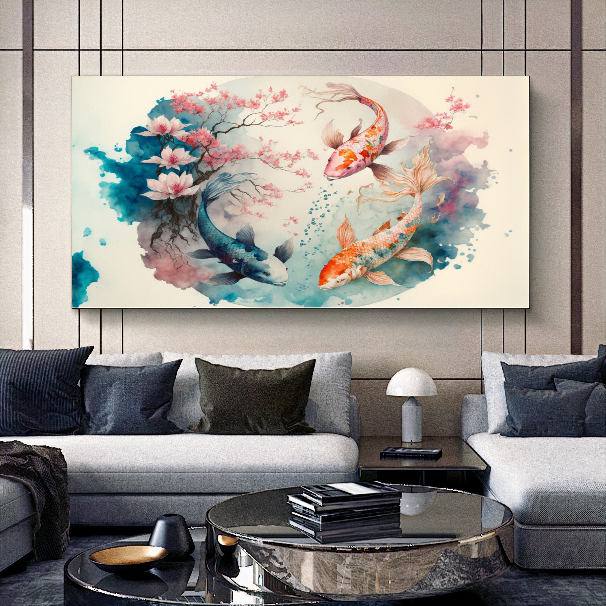 Serene Koi Pond - Blue Pink Three Koi Fish Canvas Art with Cherry Blossoms, Watercolor Art, Print on Canvas {{ shop_name }}Prints canvas print canvas wall art colorful wall art giclée prints large canvas print modern canvas art print on canvas ready to hang canvas stretched canvas art vibrant canvas print wall art prints wall decor for home