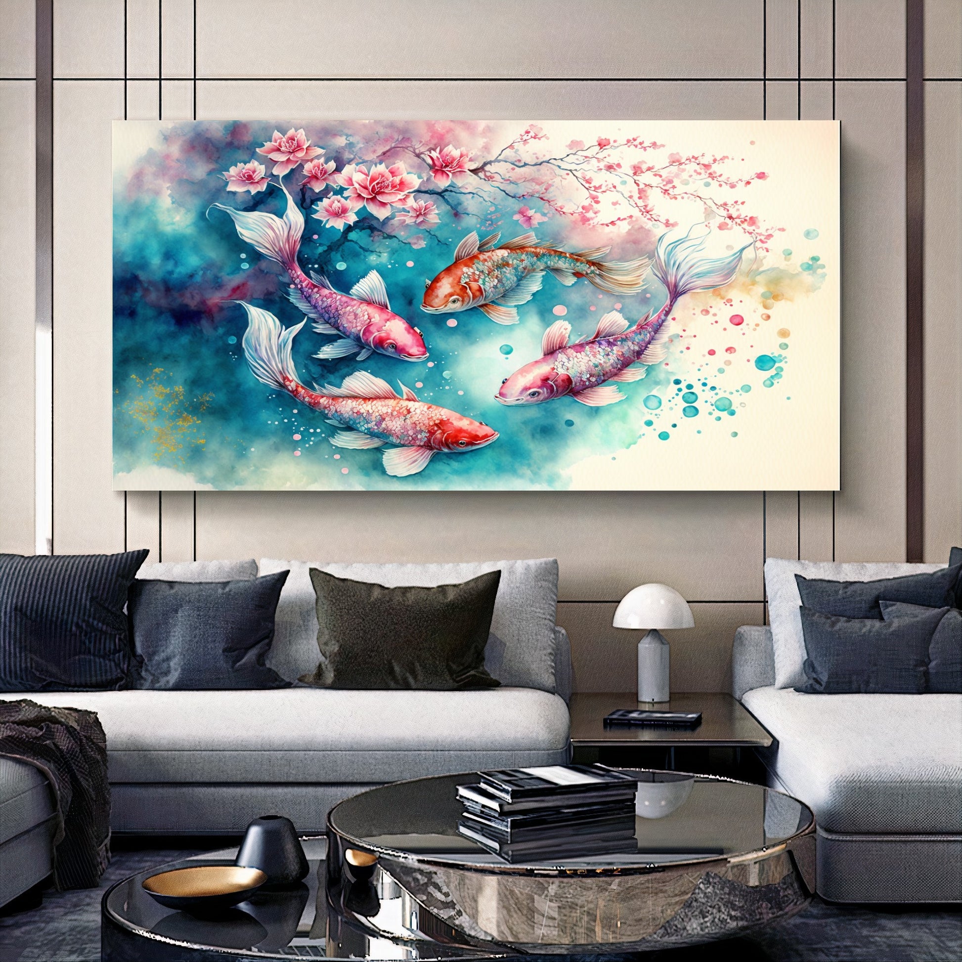Serene Koi Pond - Blue Pink Three Koi Fish Canvas Art with Cherry Blossoms, Watercolor Art, Print on Canvas {{ shop_name }}Prints canvas print canvas wall art colorful wall art giclée prints large canvas print modern canvas art print on canvas ready to hang canvas stretched canvas art vibrant canvas print wall art prints wall decor for home