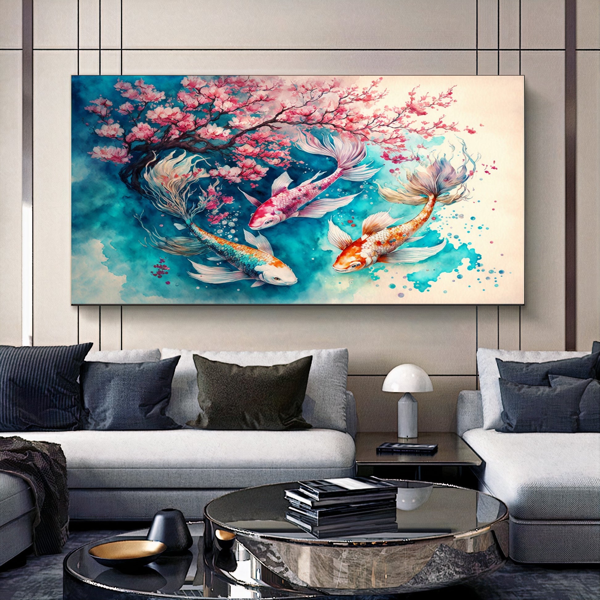 Serene Koi Pond - Blue Pink Three Koi Fish Canvas Art with Cherry Blossoms, Watercolor Art, Print on Canvas {{ shop_name }}Prints canvas print canvas wall art colorful wall art giclée prints large canvas print modern canvas art print on canvas ready to hang canvas stretched canvas art vibrant canvas print wall art prints wall decor for home