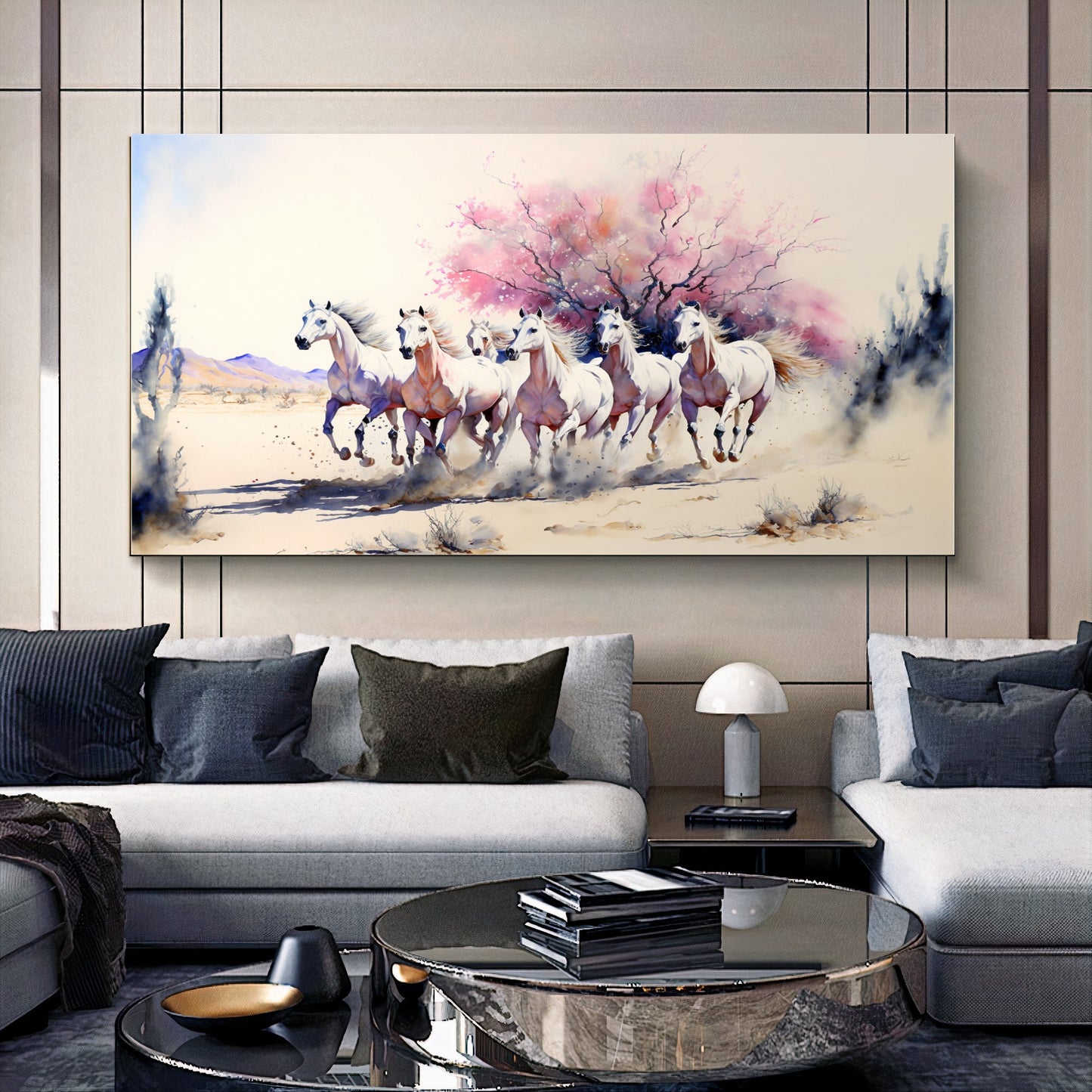 Majestic White Horses - Dynamic Running Horses in Desert, Printed Canvas Art C