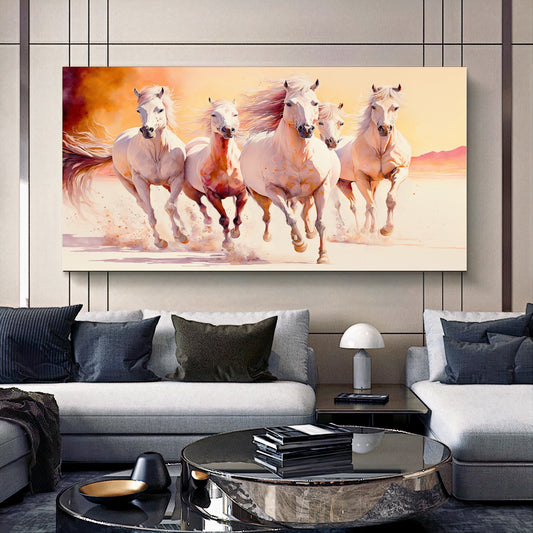 Majestic White Horses - Dynamic Running Horses in Desert, Printed Canvas Art B