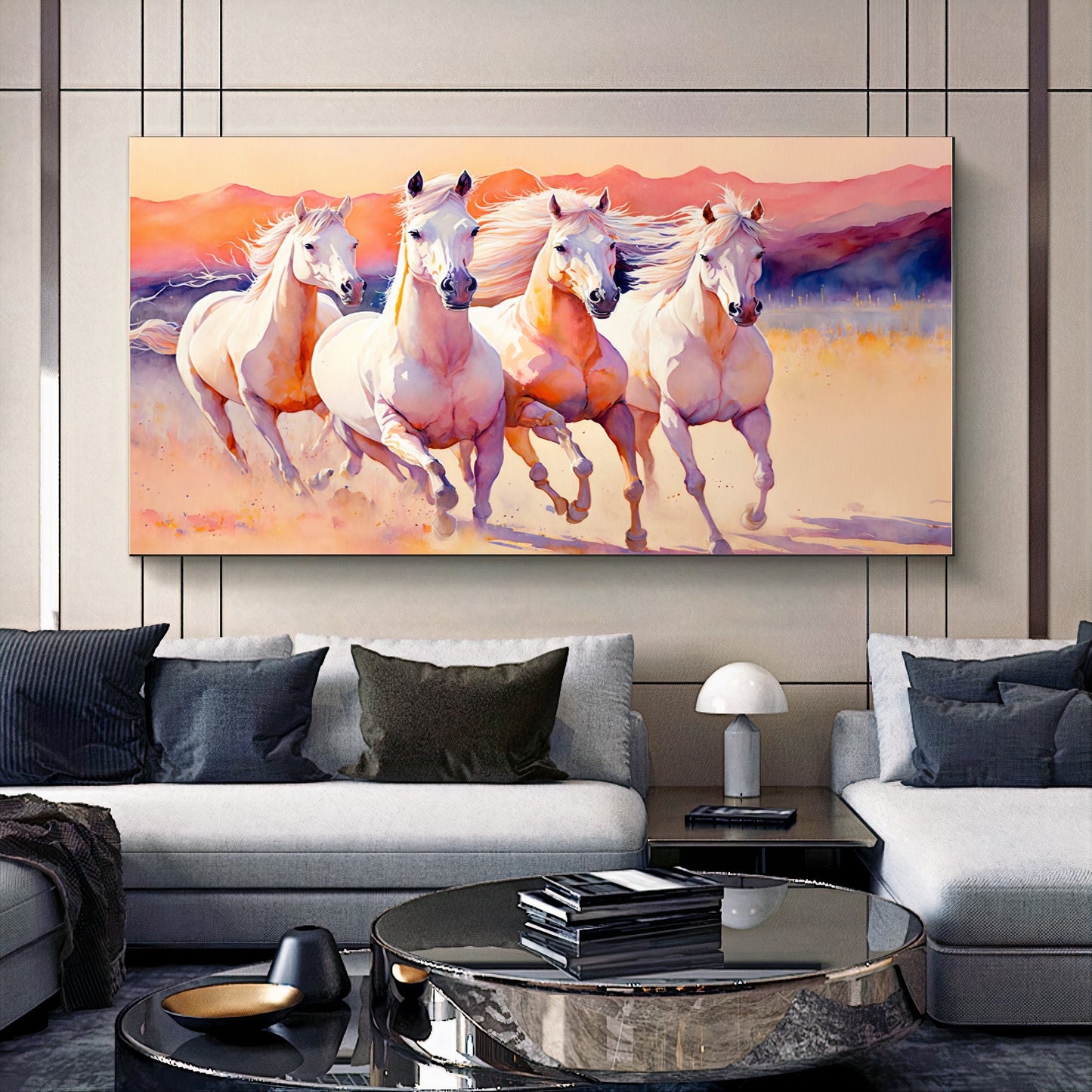 Majestic White Horses - Dynamic Running Horses in Desert, Printed Canvas Art