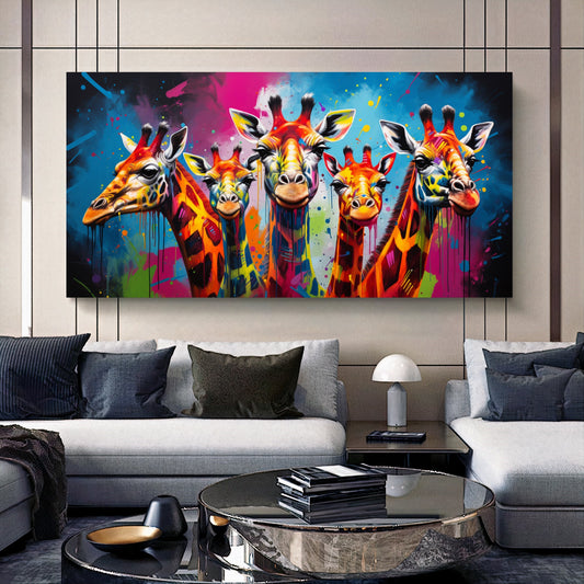 Vibrant Giraffe Family Canvas Art - Colorful Giraffes on Abstract Background, Modern Prin on Canvas D