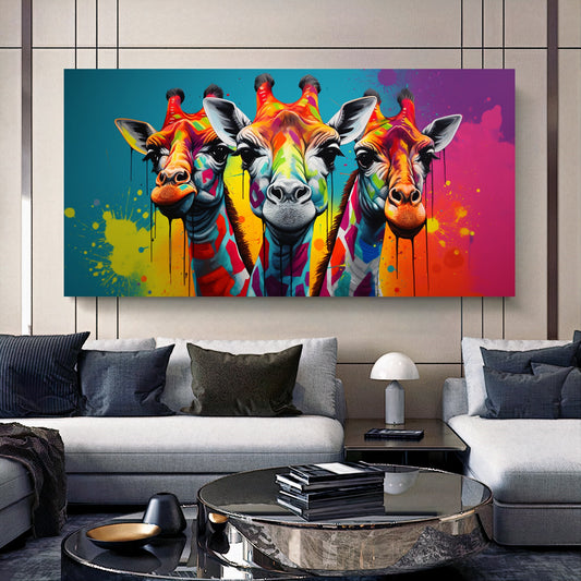 Vibrant Giraffe Family Canvas Art - Colorful Giraffes on Abstract Background, Modern Prin on Canvas A