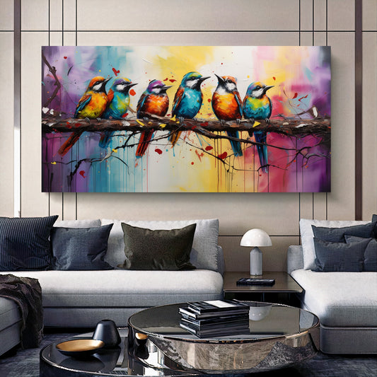 Colorful Birds on Branch - Vibrant Family of Birds Canvas Art, Modern Prin on Canvas A