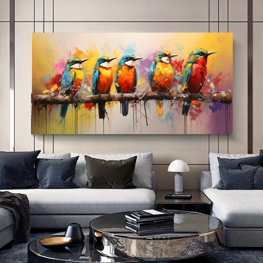 Colorful Birds on Branch - Vibrant Family of Birds Canvas Art, Modern Prin on Canvas A