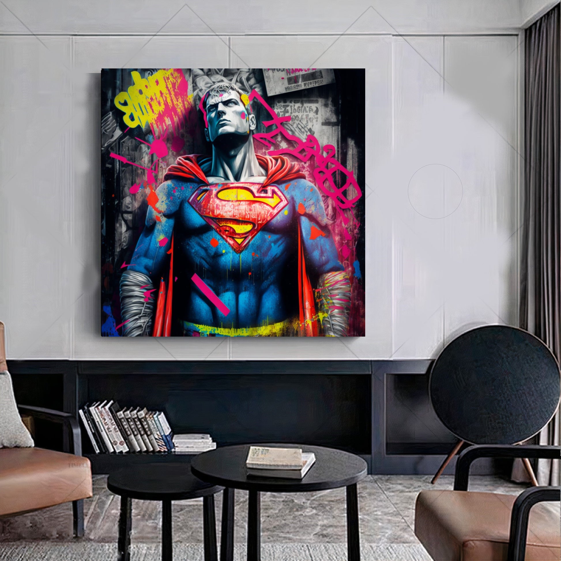 Superman Street Art - Vibrant Graffiti Style {{ shop_name }}Prints canvas print canvas wall art colorful comic book giclée prints graffiti iconic large canvas print large wall art Large Wall Art Decor Living Room Art modern modern art print pop art print on canvas ready to hang canvas spray paint street art strength stretched canvas art superhero Superman urban art wall art prints