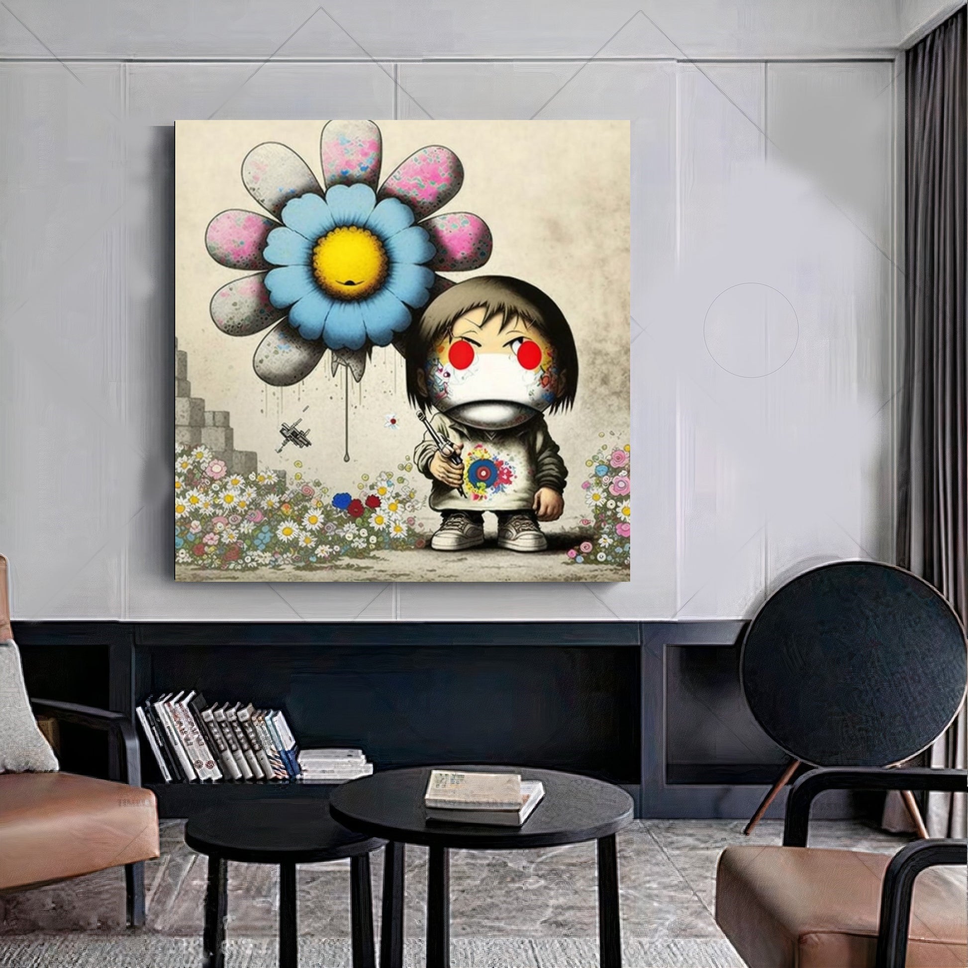 Girl with Flower Balloon - Banksy Inspired Street Art Print {{ shop_name }}Prints Banksy style canvas print canvas wall art collectible print colorful flower balloon giclée prints girl with flower graffiti large canvas print large wall art Large Wall Art Decor Living Room Art modern art print playful pop art print on canvas ready to hang canvas street art stretched canvas art surreal urban art wall art prints whimsical