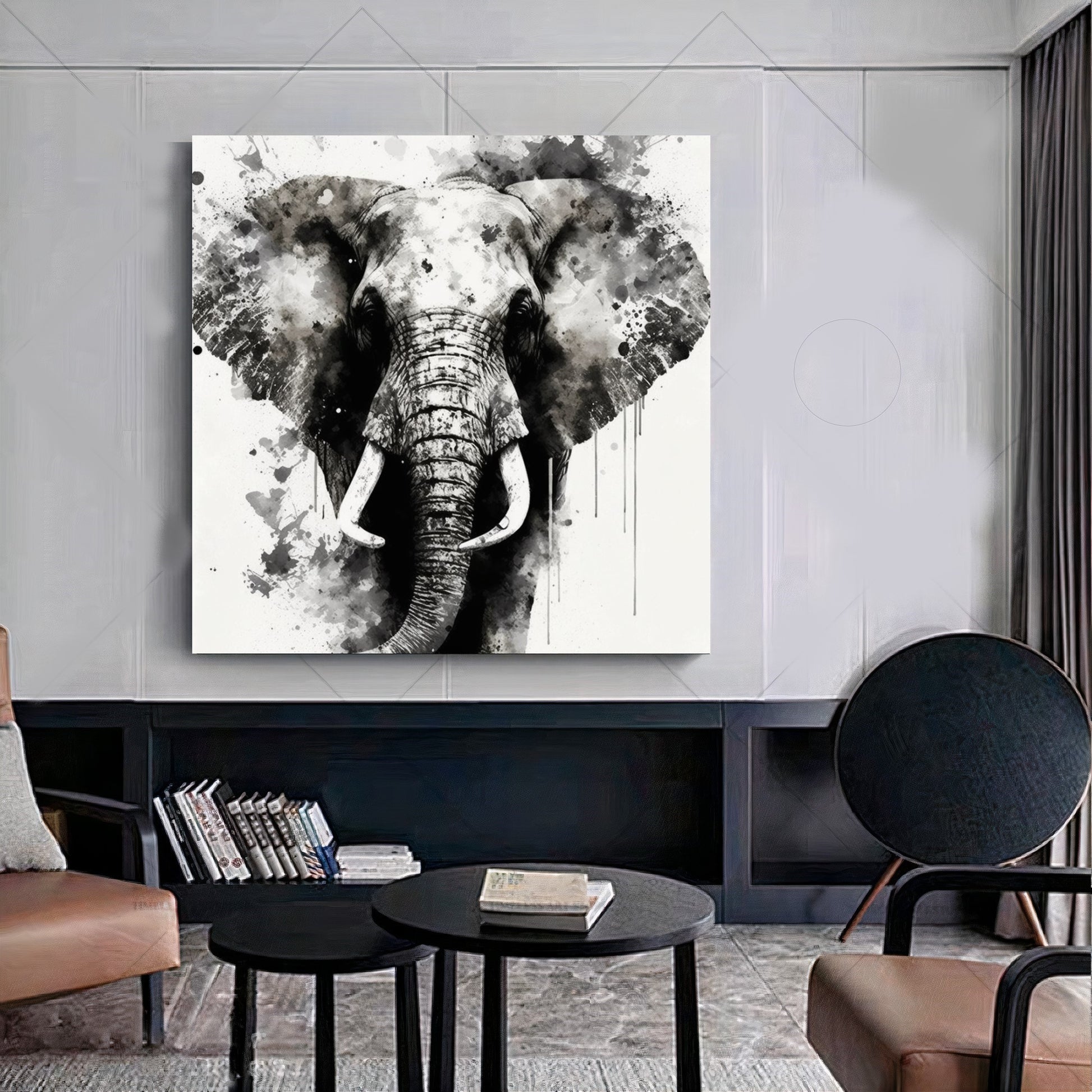 Large Print on Canvas, Black White Elephant, Watercolor Art Work