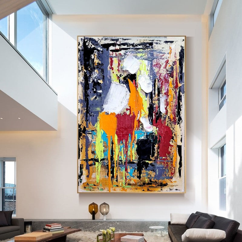 Colorful Abstract Art Composition, Vibrant Impasto Oil Painting on Canvas