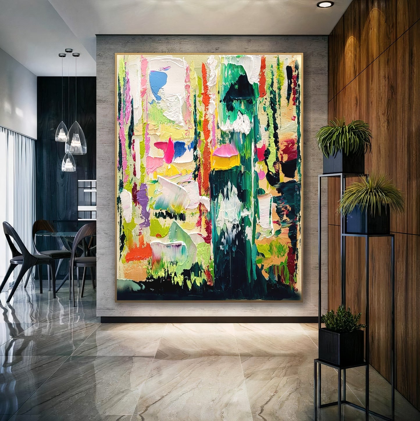 Green Abstract Wll Art, Floral Impasto Oil Painting on Canvas, Original Art Work