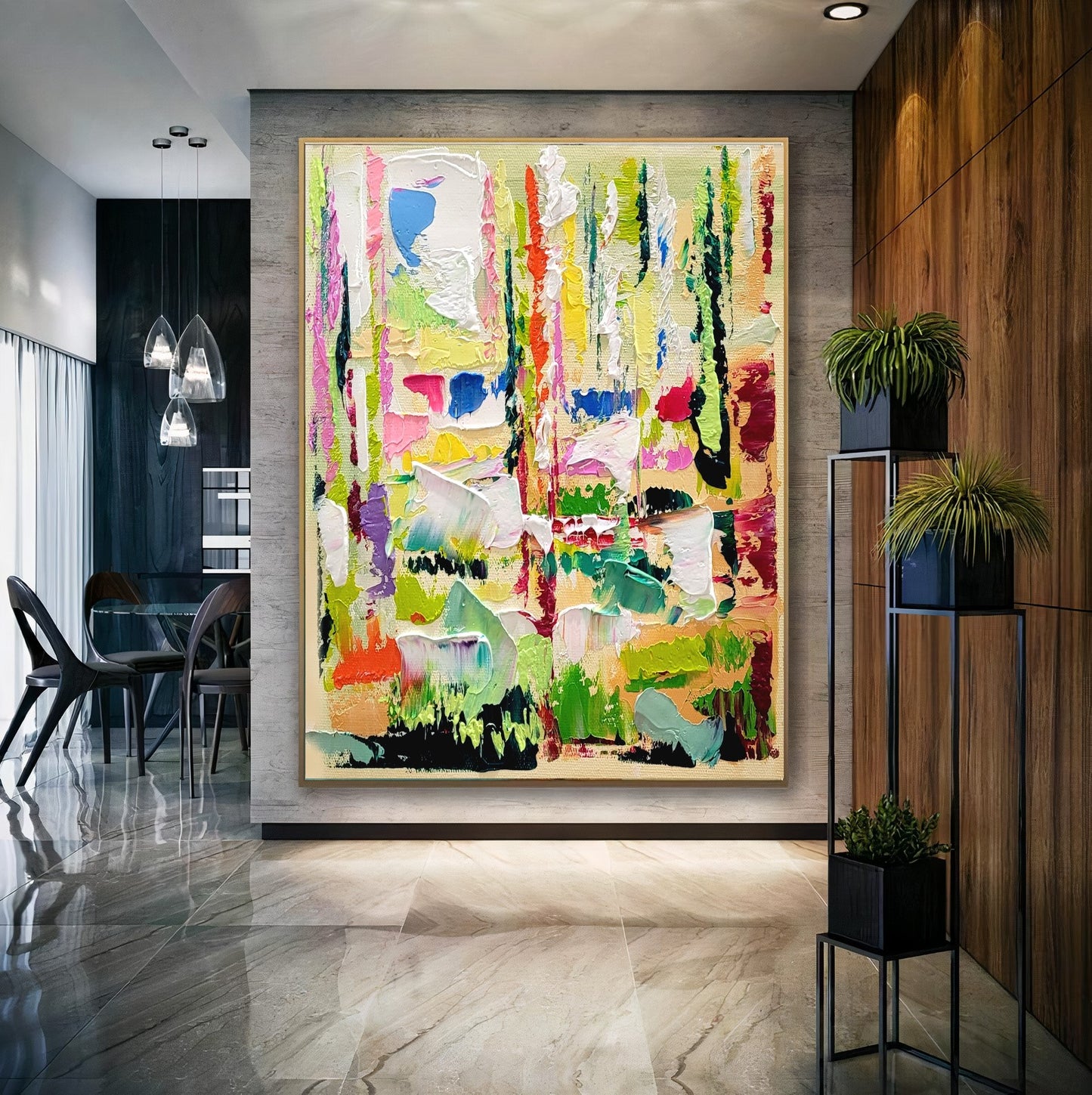 Green Abstract Wll Art, Floral Impasto Oil Painting on Canvas, Original Art Work