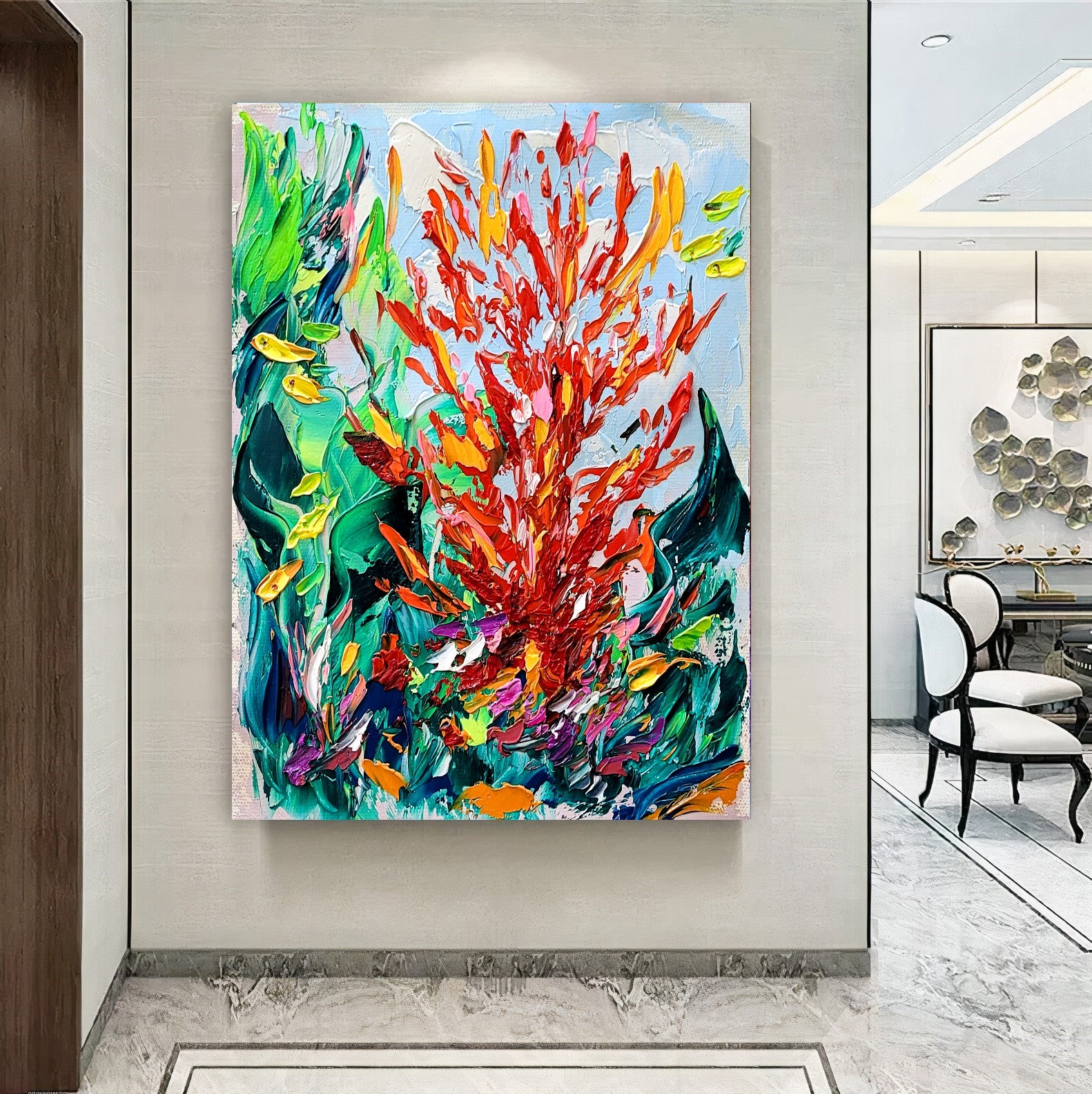 Modern Abstract Painting for Living room, Underwater World, Red Corall Art, Impasto Oil Painting on Canvas