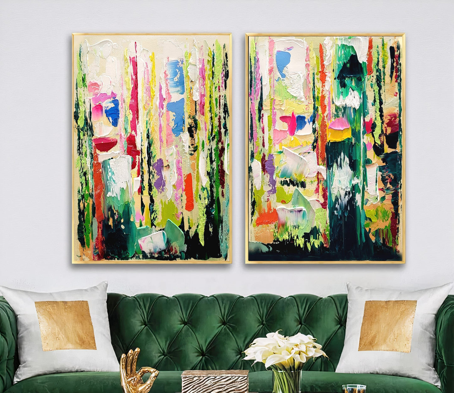 Green Abstract Wll Art, Floral Impasto Oil Painting on Canvas, Original Art Work