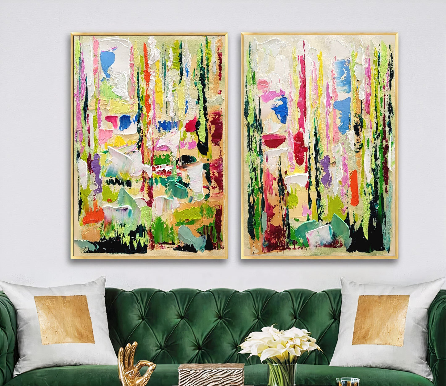 Green Abstract Wll Art, Floral Impasto Oil Painting on Canvas, Original Art Work
