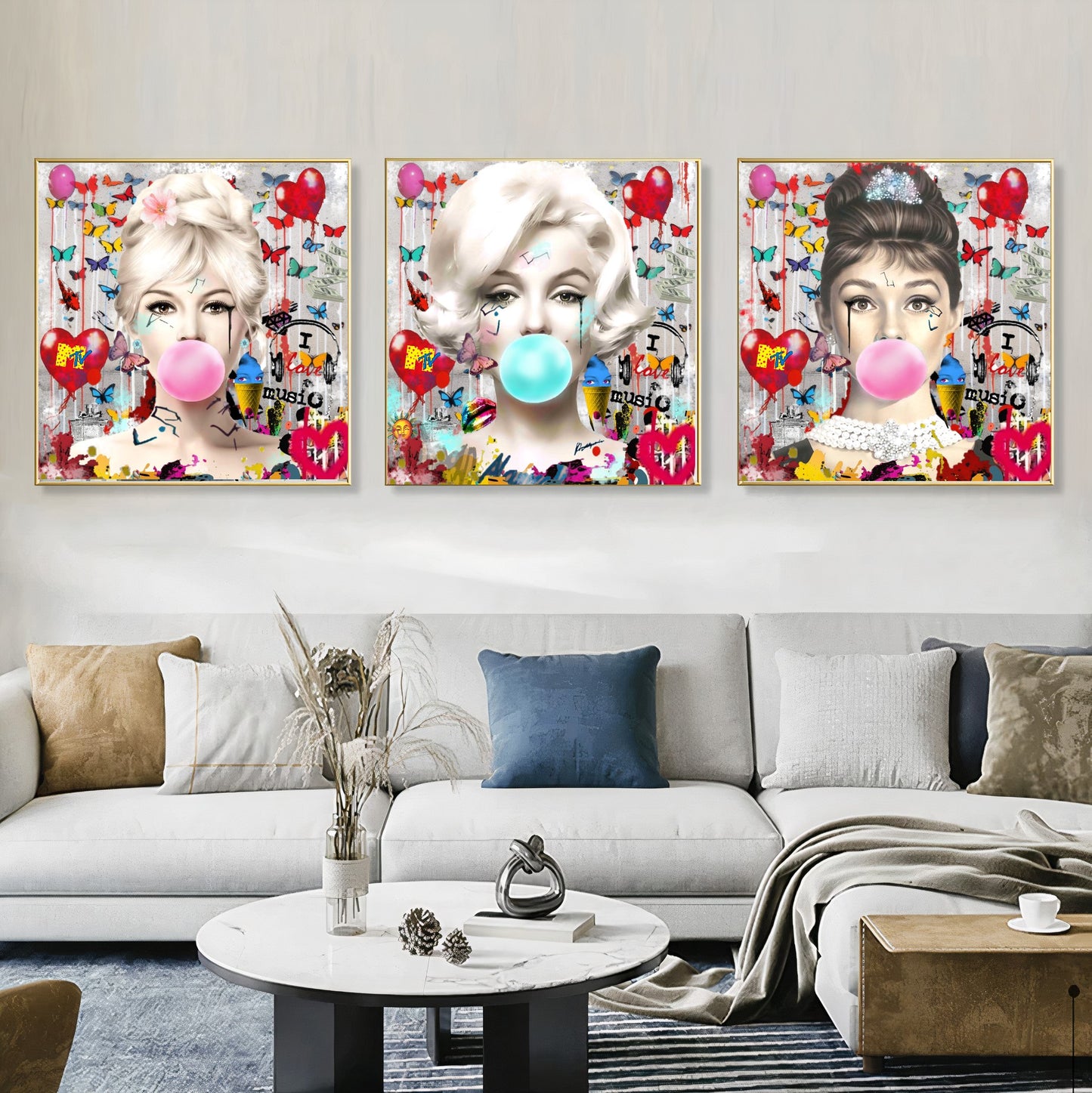 Marilyn Monroe, Audrey Hepburn, Bubble Gum Art, Modern Pop Art Print on Canvas