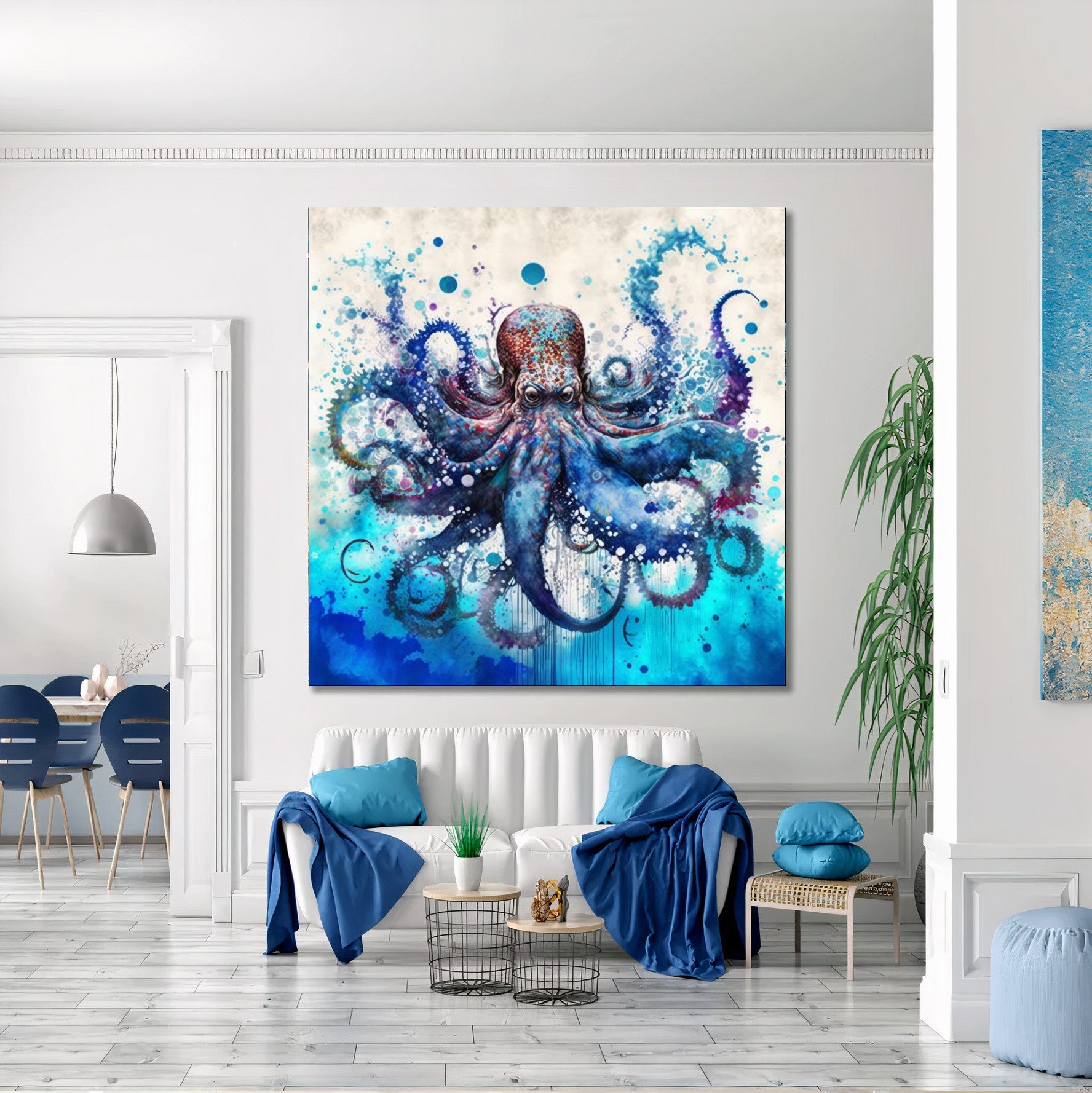 Vibrant Blue Octopus - Underwater Canvas Art Print on Canvas, Unique Gift