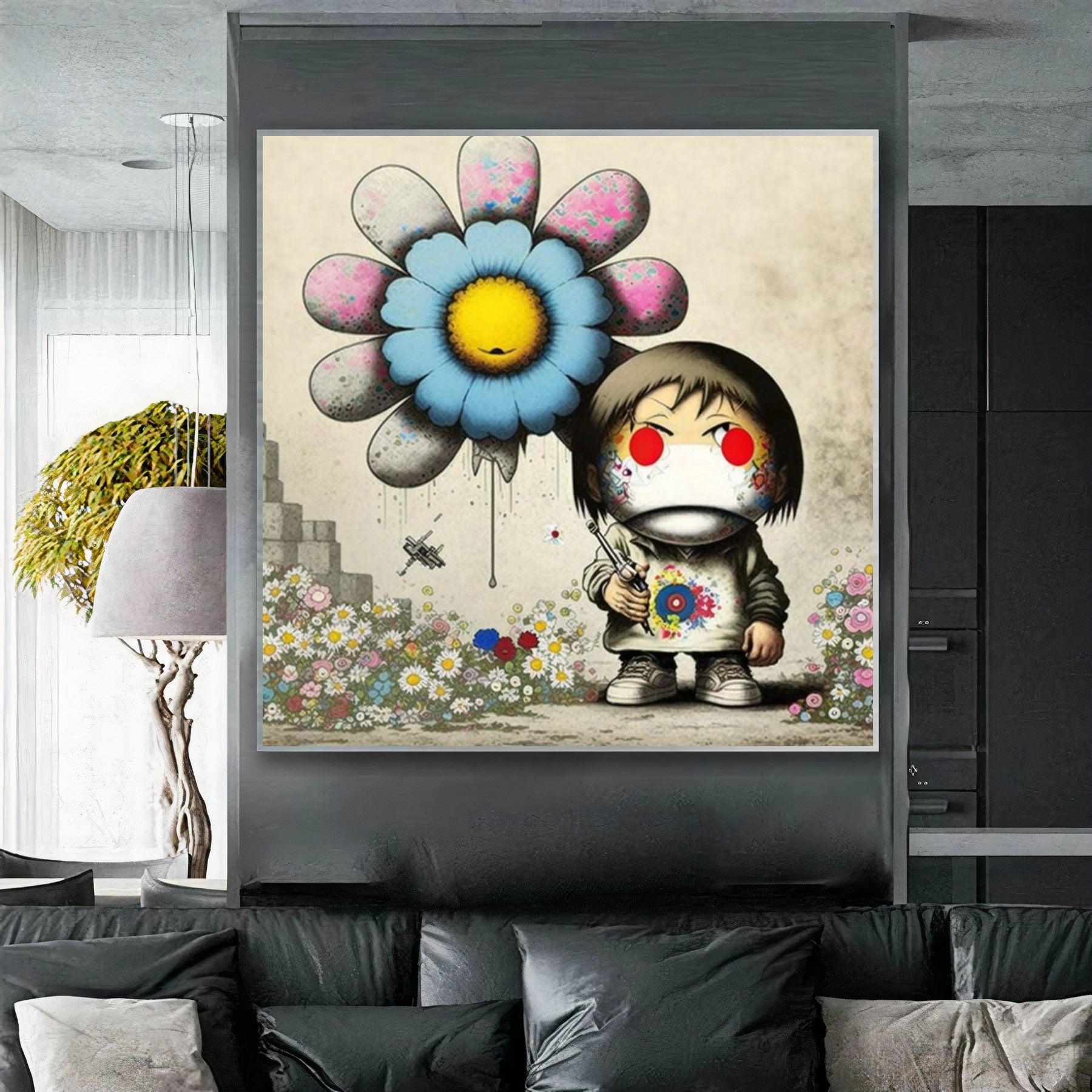 Girl with Flower Balloon - Banksy Inspired Street Art Print {{ shop_name }}Prints Banksy style canvas print canvas wall art collectible print colorful flower balloon giclée prints girl with flower graffiti large canvas print large wall art Large Wall Art Decor Living Room Art modern art print playful pop art print on canvas ready to hang canvas street art stretched canvas art surreal urban art wall art prints whimsical