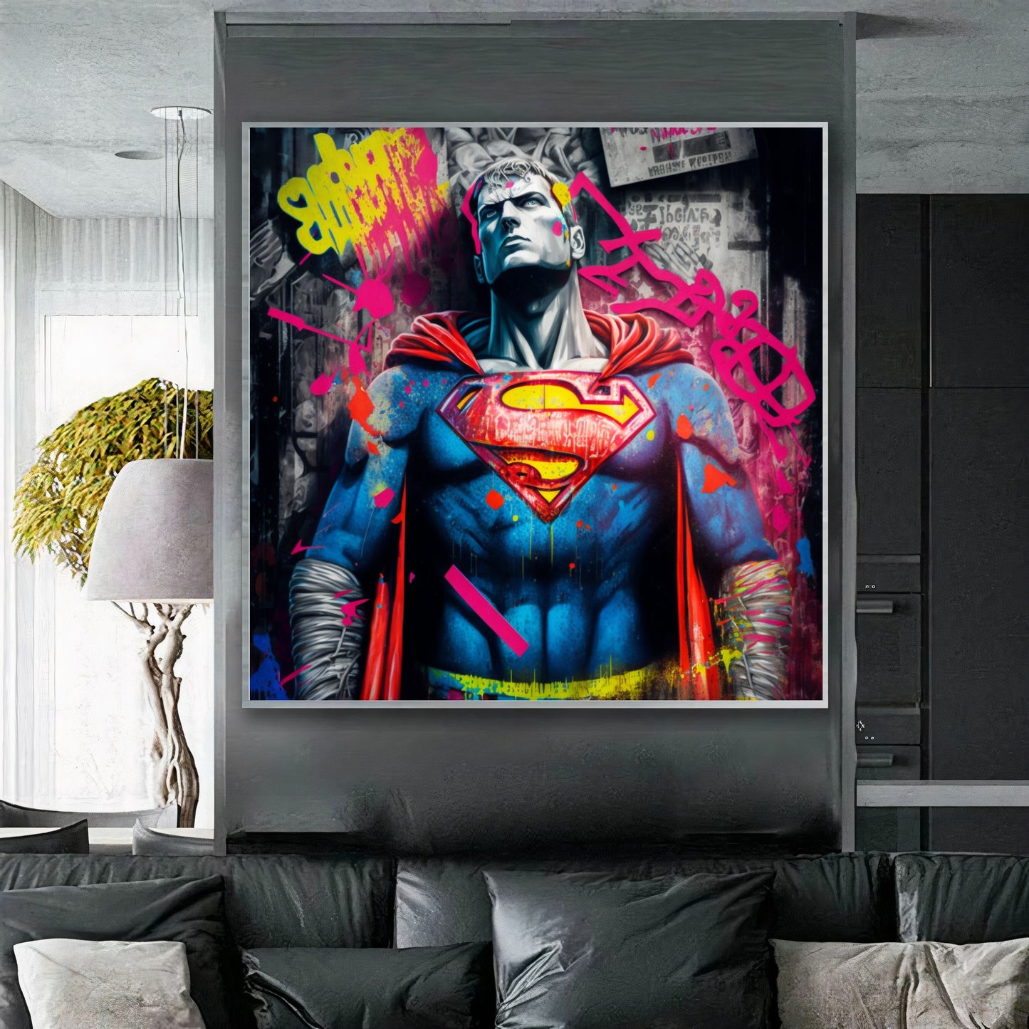 Superman Street Art - Vibrant Graffiti Style {{ shop_name }}Prints canvas print canvas wall art colorful comic book giclée prints graffiti iconic large canvas print large wall art Large Wall Art Decor Living Room Art modern modern art print pop art print on canvas ready to hang canvas spray paint street art strength stretched canvas art superhero Superman urban art wall art prints