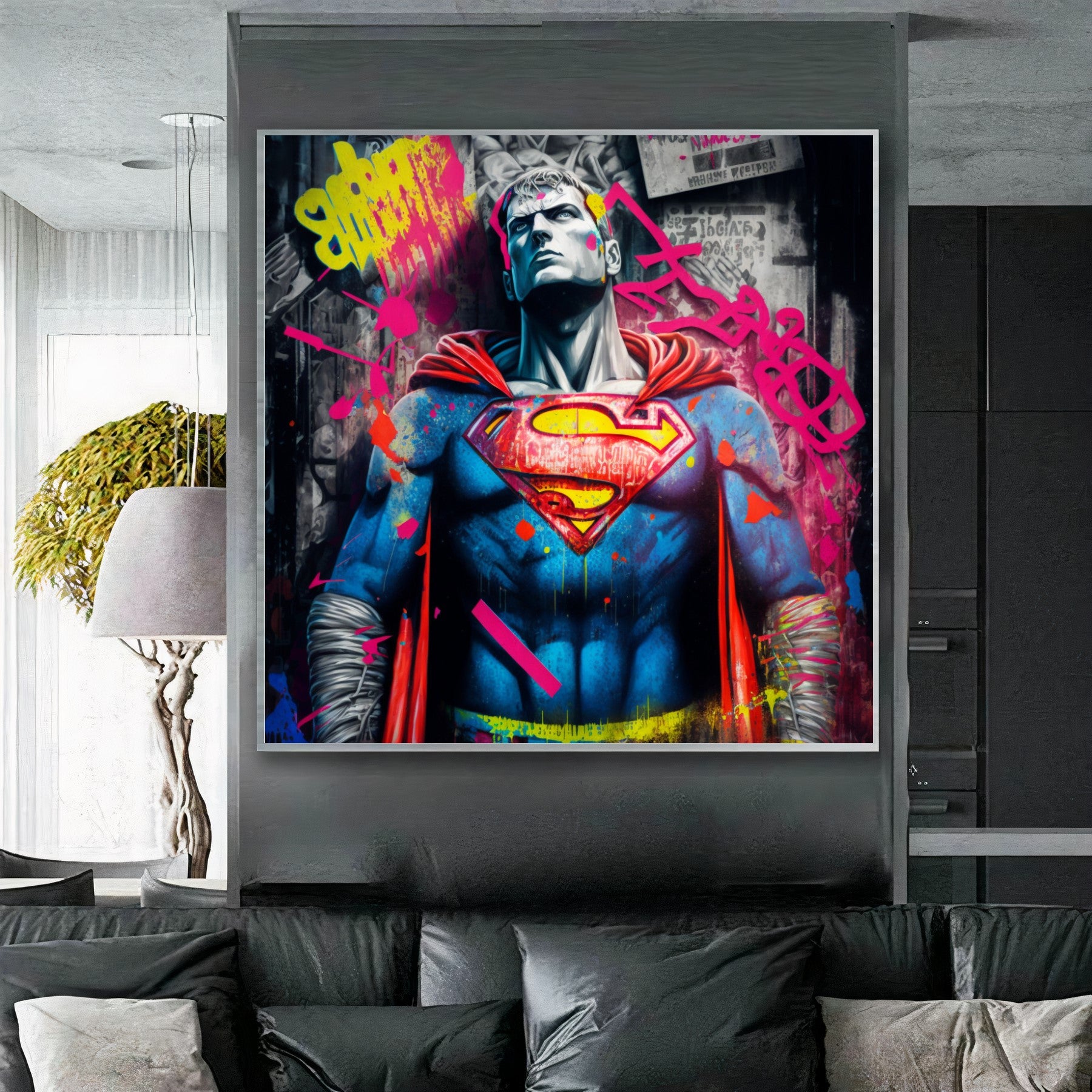 Superman Street Art - Vibrant Graffiti Style {{ shop_name }}Prints canvas print canvas wall art colorful comic book giclée prints graffiti iconic large canvas print large wall art Large Wall Art Decor Living Room Art modern modern art print pop art print on canvas ready to hang canvas spray paint street art strength stretched canvas art superhero Superman urban art wall art prints