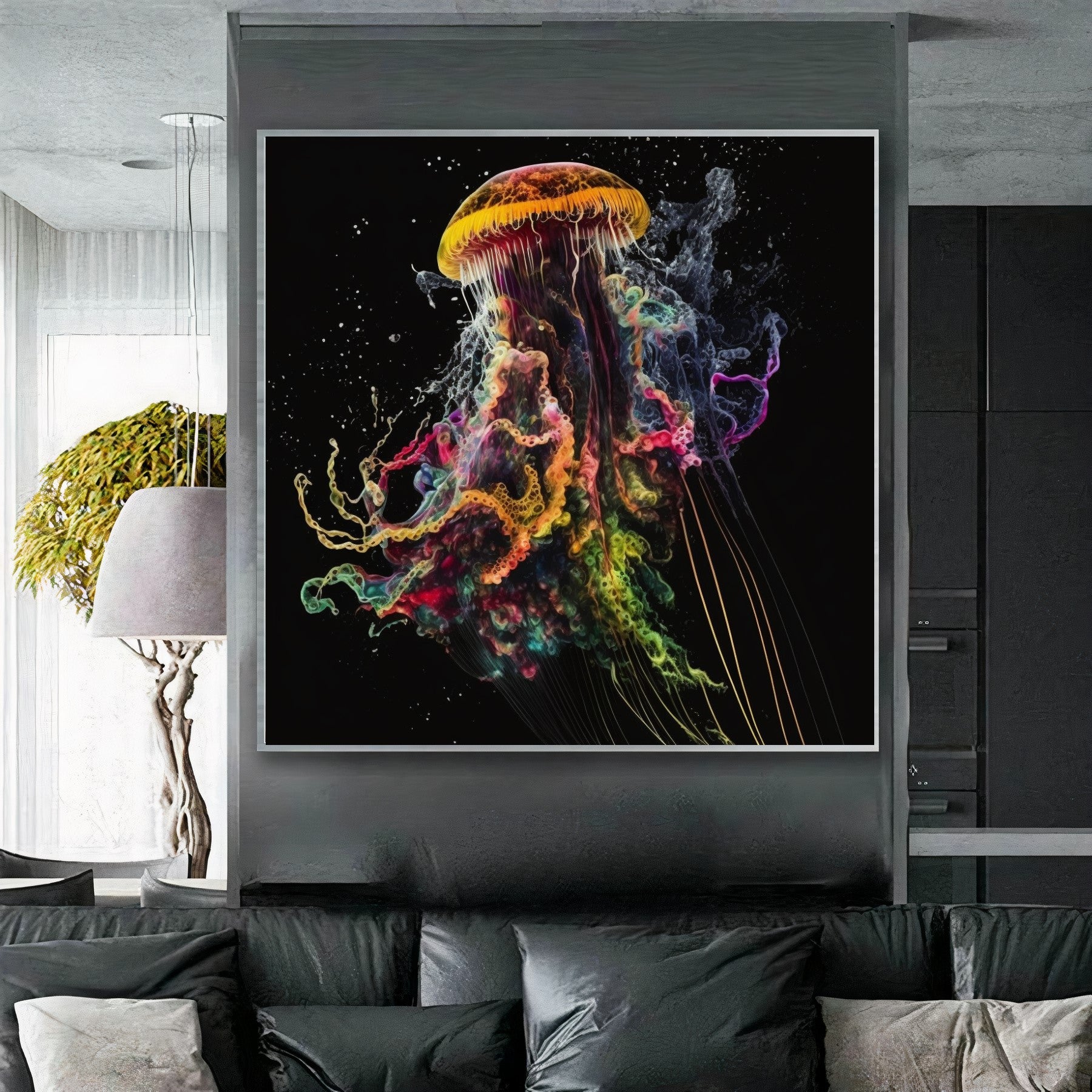 Blue Neon Jellyfish Explosion - Abstract Canvas Print of Underwater Life D