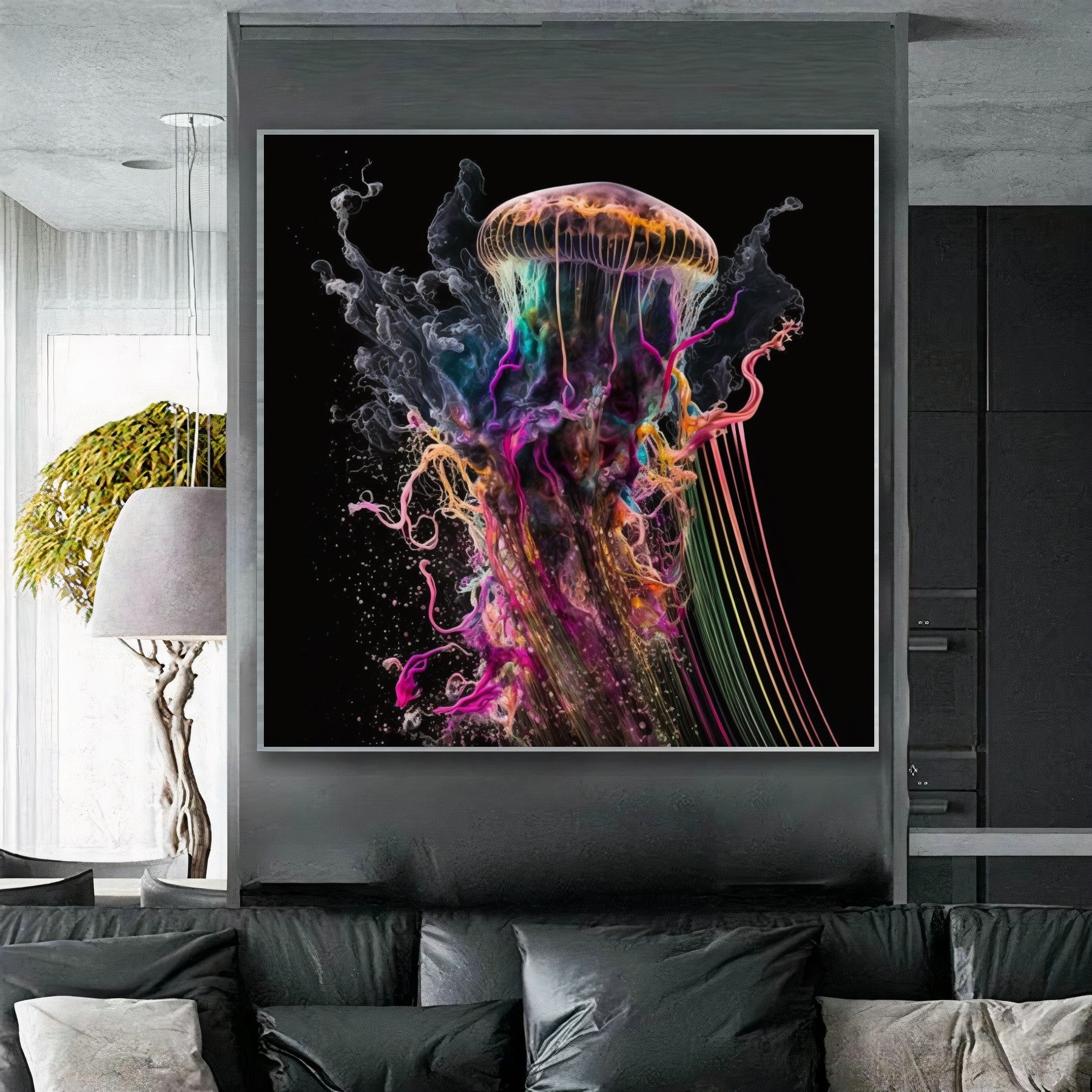 Blue Neon Jellyfish Explosion - Abstract Canvas Print of Underwater Life