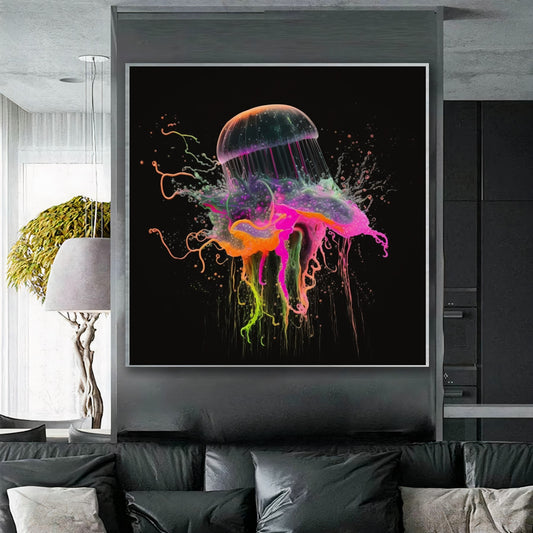 Blue Neon Jellyfish Explosion - Abstract Canvas Print of Underwater Life