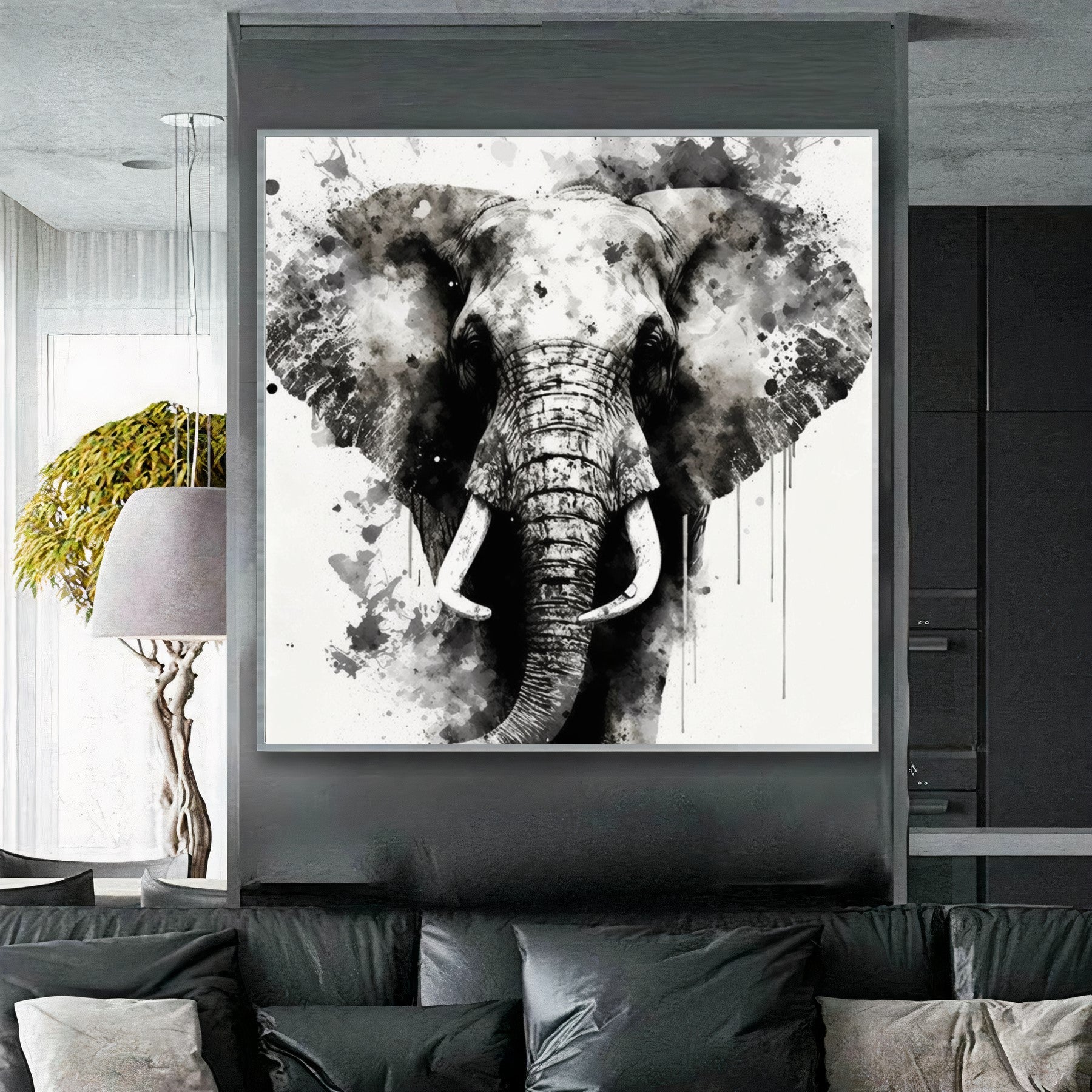 Large Print on Canvas, Black White Elephant, Watercolor Art Work