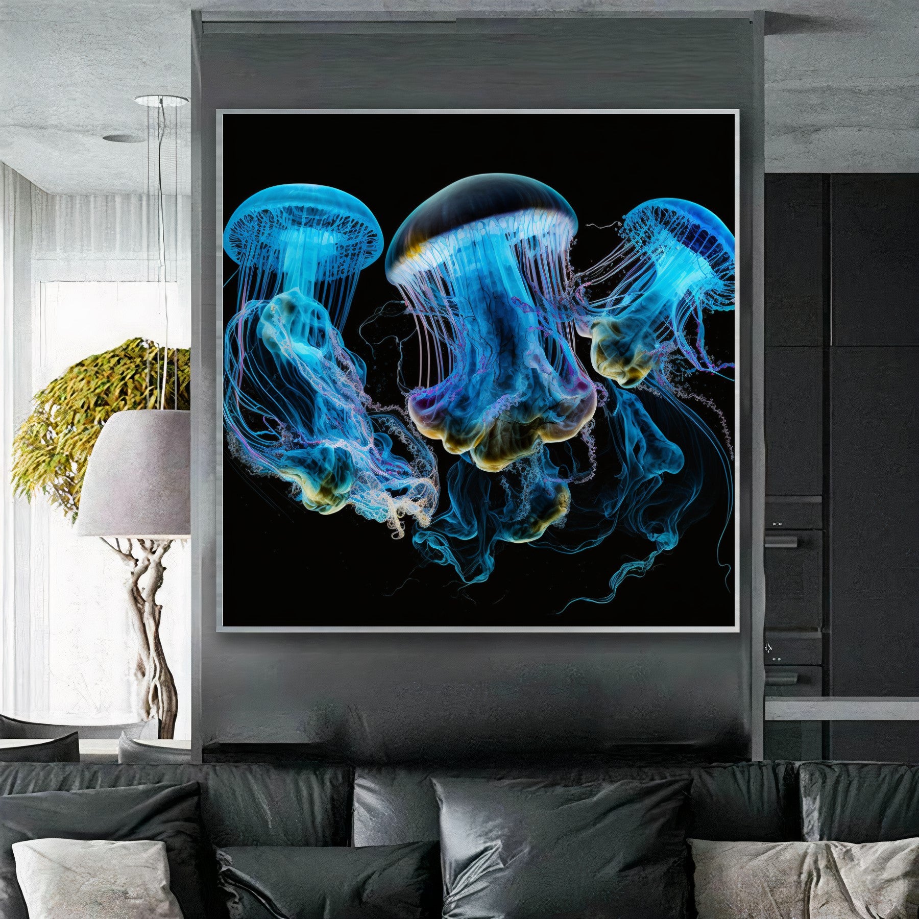 Blue Neon Jellyfish Explosion - Abstract Canvas Print of Underwater Life